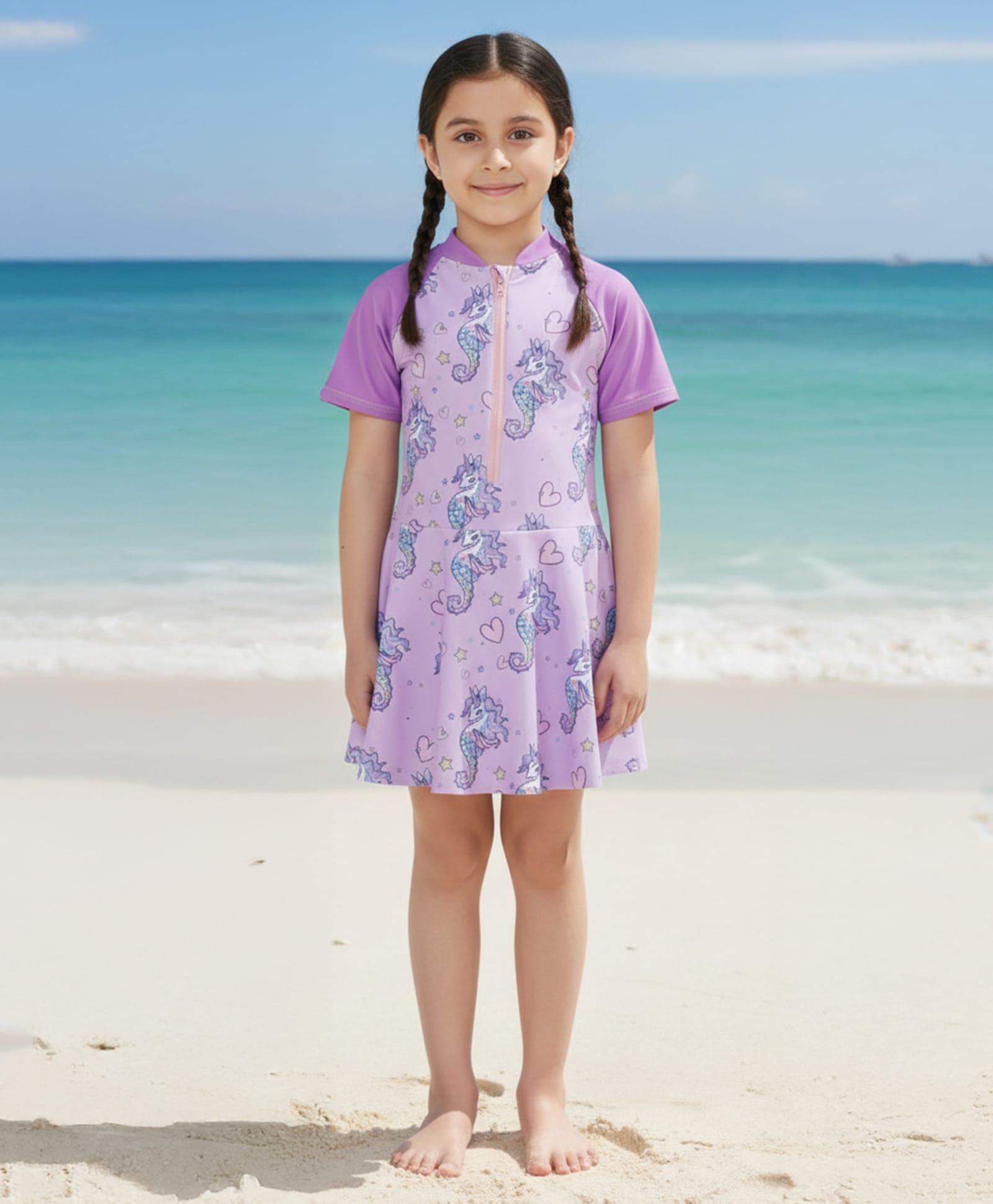 The Mom Store Half Raglan Sleeves Seahorse Printed Swimsuit - Lavender-picture-39