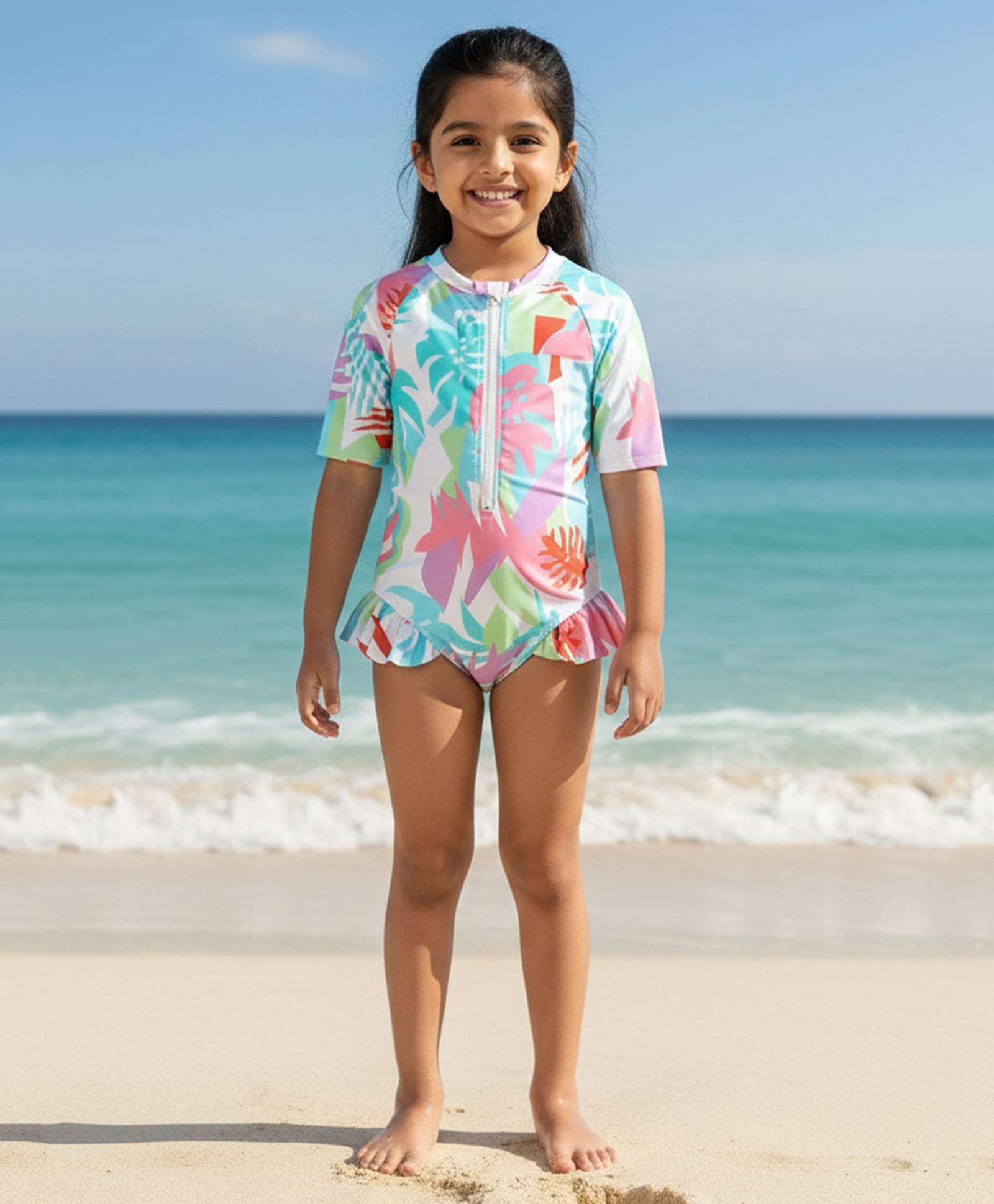 The Mom Store Half Sleeves Tropical Printed & Frill Detailed Swimsuit - Multi Colour-picture-43