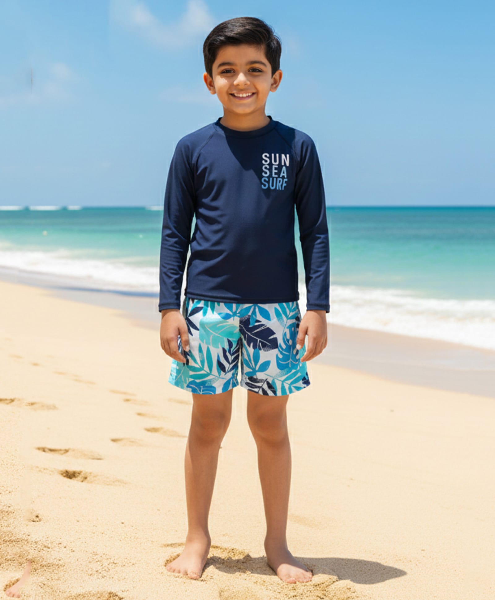 The Mom Store Full Sleeves Sun Sea Surf Text Printed Two Piece Swimsuit - Multi Colour-image-24