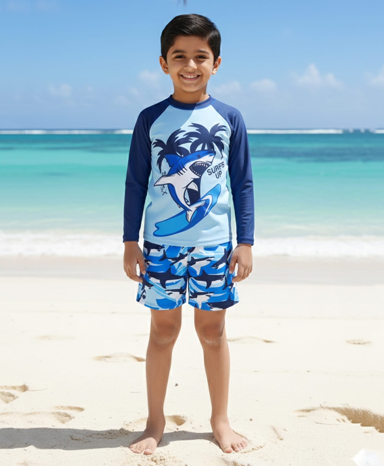 The Mom Store Full Sleeves Surfing Shark Printed Two Piece Swimsuit - Multi Colour-picture-36