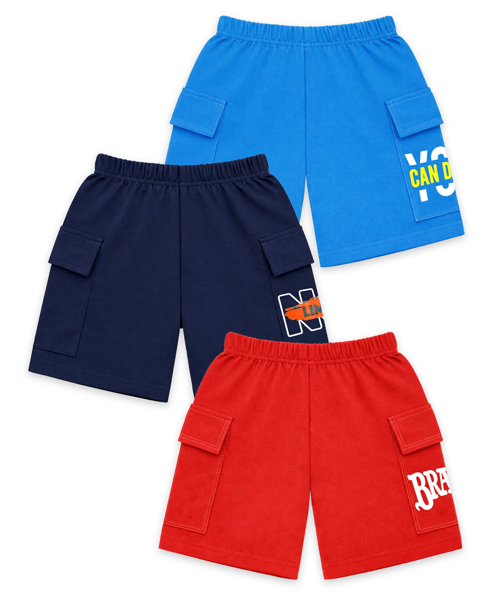 KUCHIPOO Cotton Blend Knit Pack Of 3 Typography Printed Cargo Shorts - Navy Blue & Red-picture-11