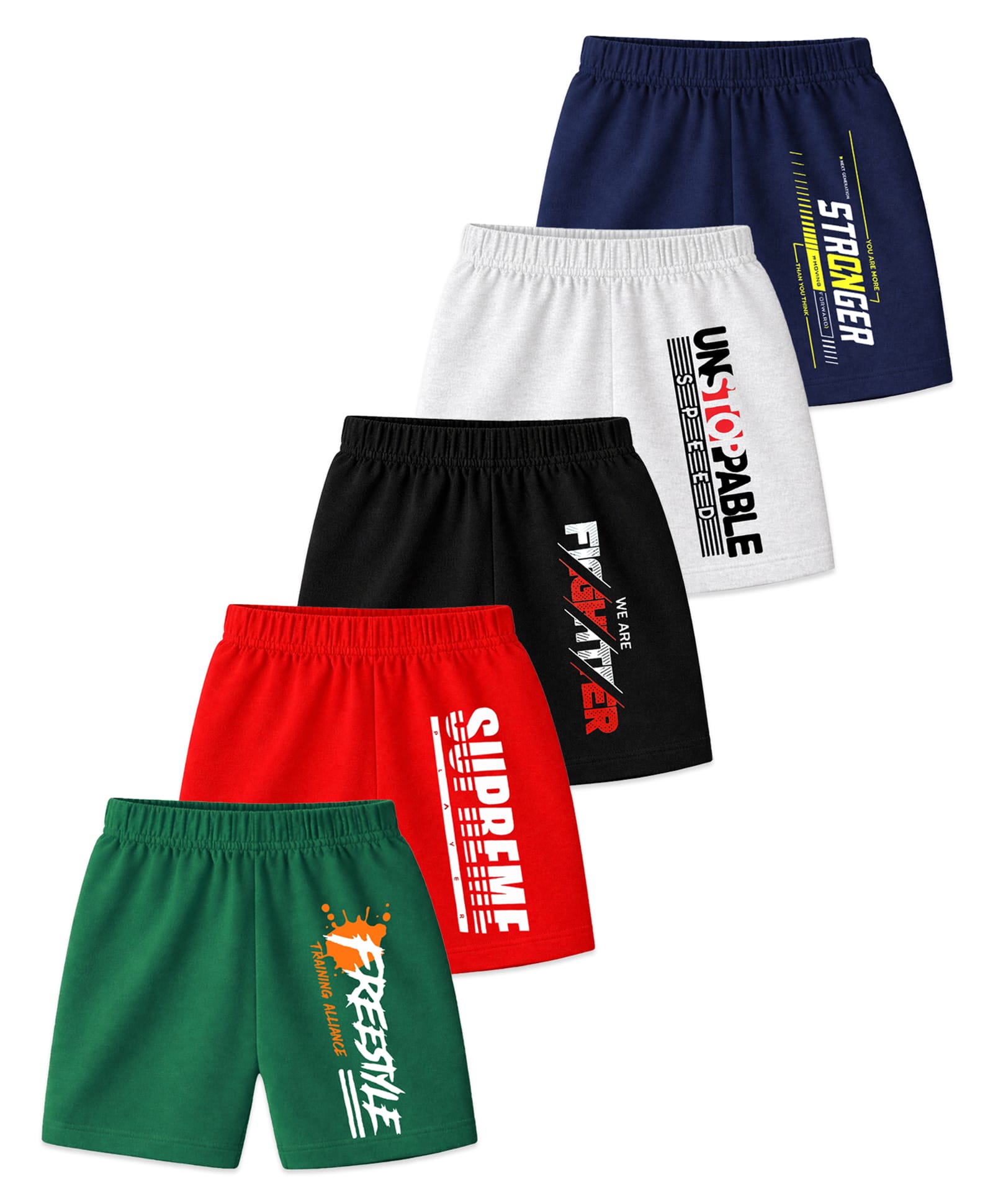 KUCHIPOO Cotton Blend Knit Pack Of 5 Typography Printed Shorts - Navy Blue Grey Black Red & Green-picture-13