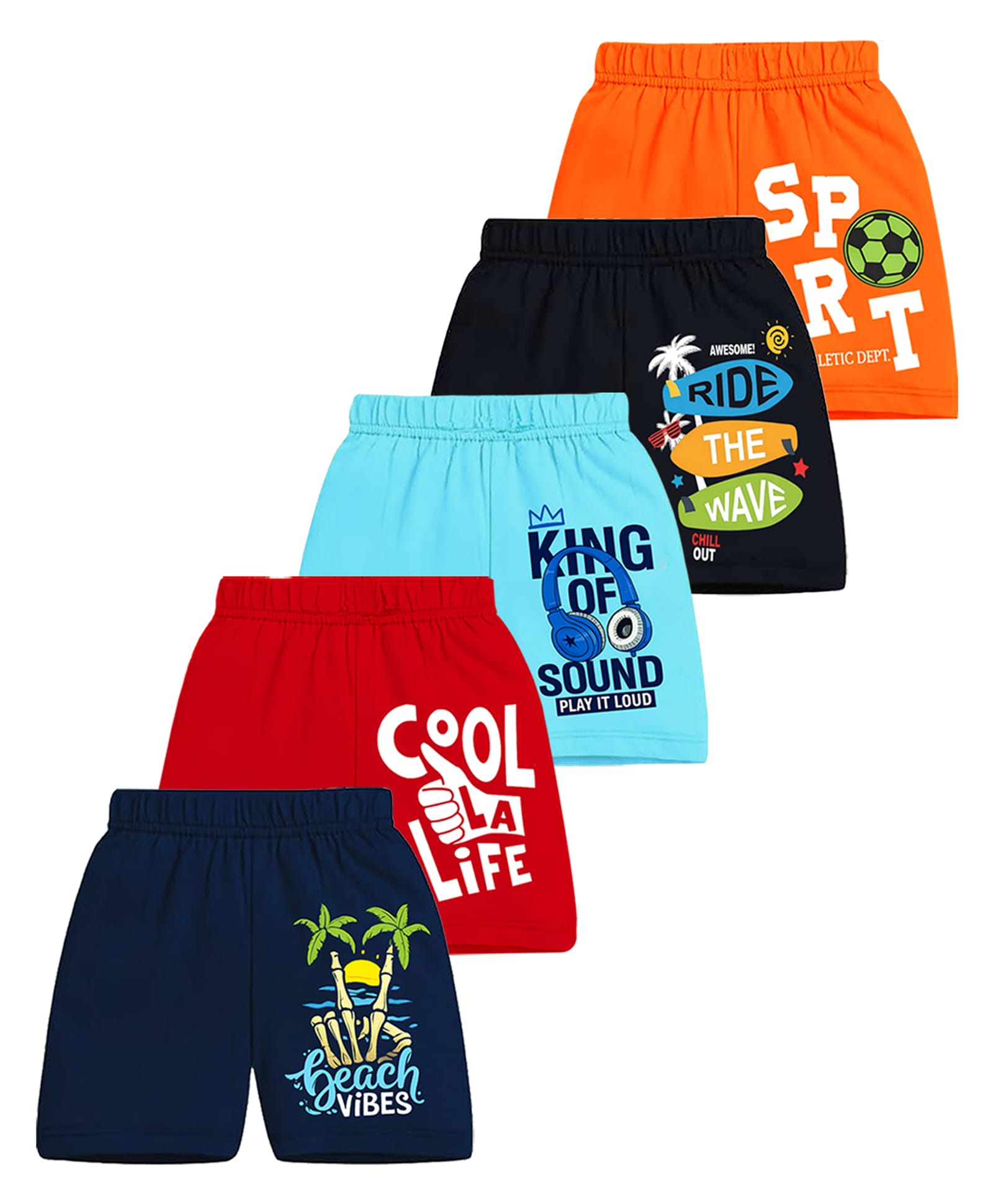 KUCHIPOO Cotton Blend Knit Pack Of 5 Printed Beach Theme & Typography Printed Shorts - Orange Black Sky Blue Red & Navy Blue-picture-18