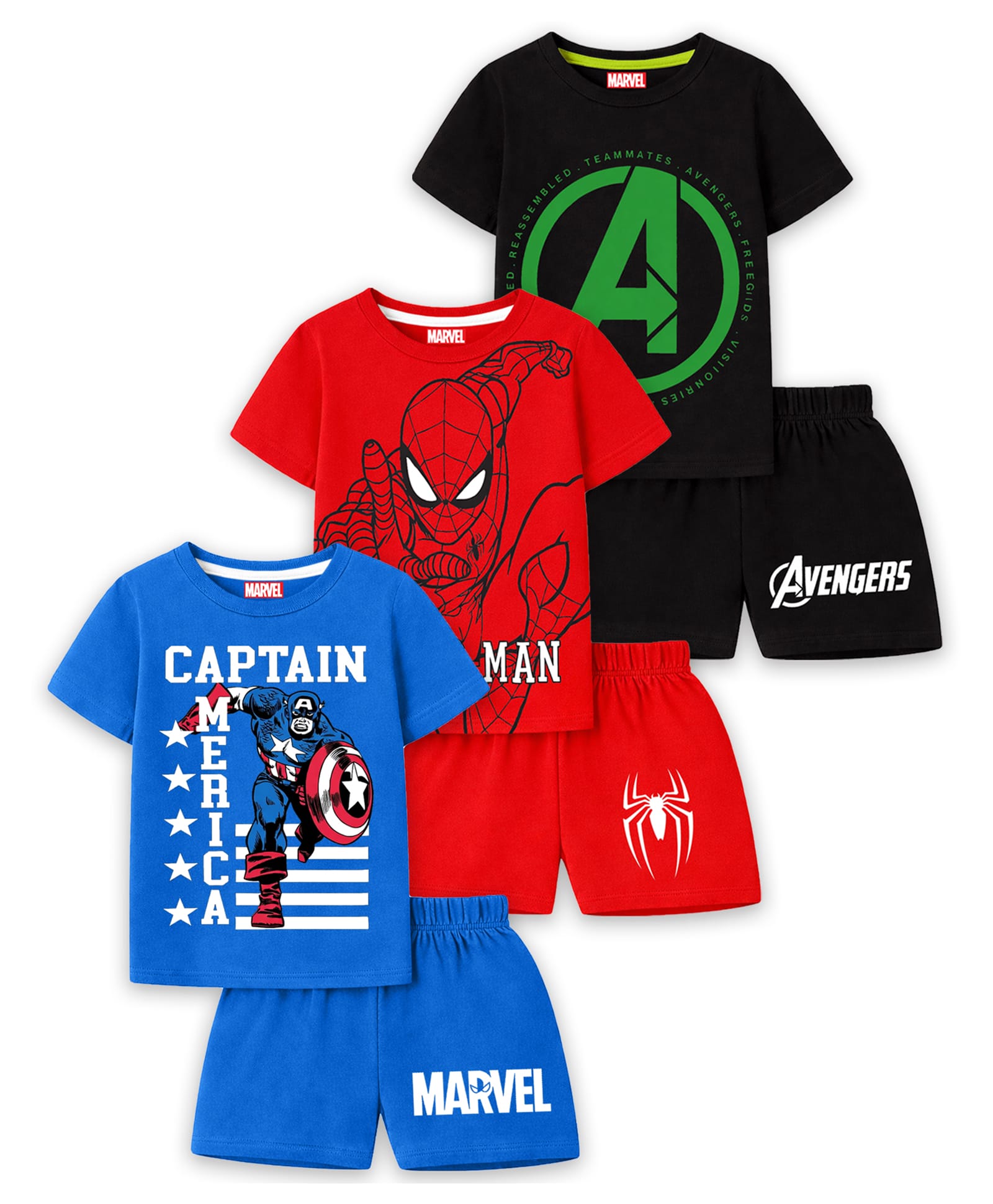 KUCHIPOO Cotton Blend Knit Pack Of 3 Marvel Avengers Featuring Half Sleeves Characters Printed Tee & Shorts Set - Black Red & Blue-image-10