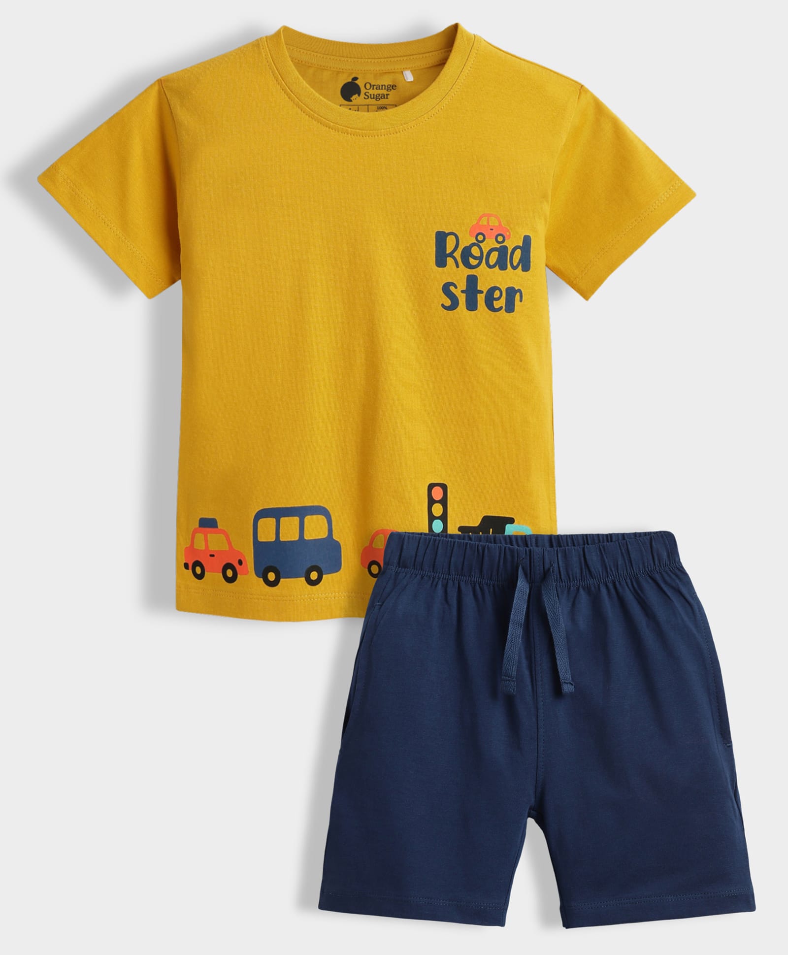 Orange Sugar 100% Cotton Knit Half Sleeves Cars Printed Tee & Shorts Night Suit - Yellow & Blue-image-29
