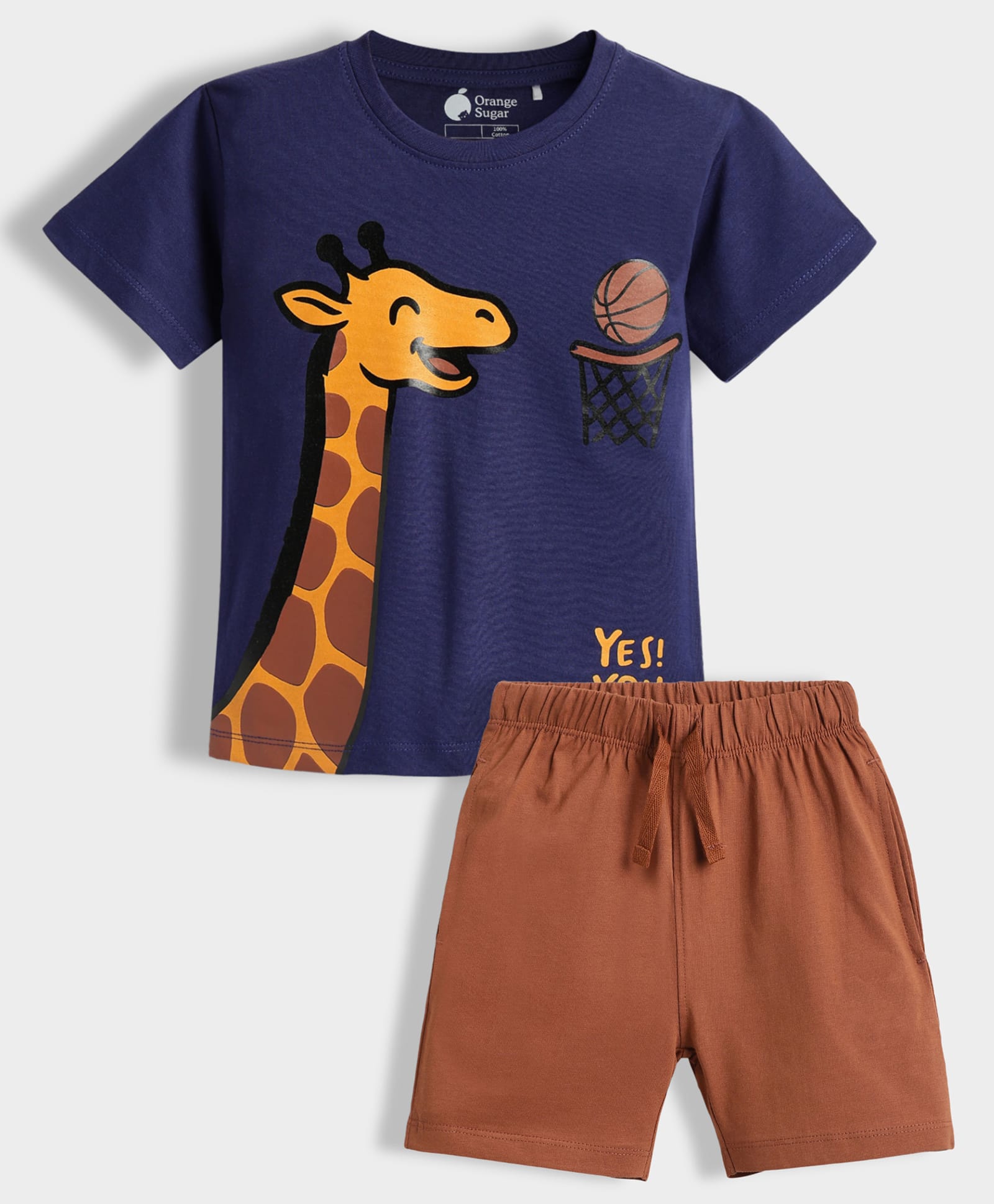 Orange Sugar 100% Cotton Knit Half Sleeves Giraffe Printed Tee & Shorts Night Suit - Blue & Brown-image-20