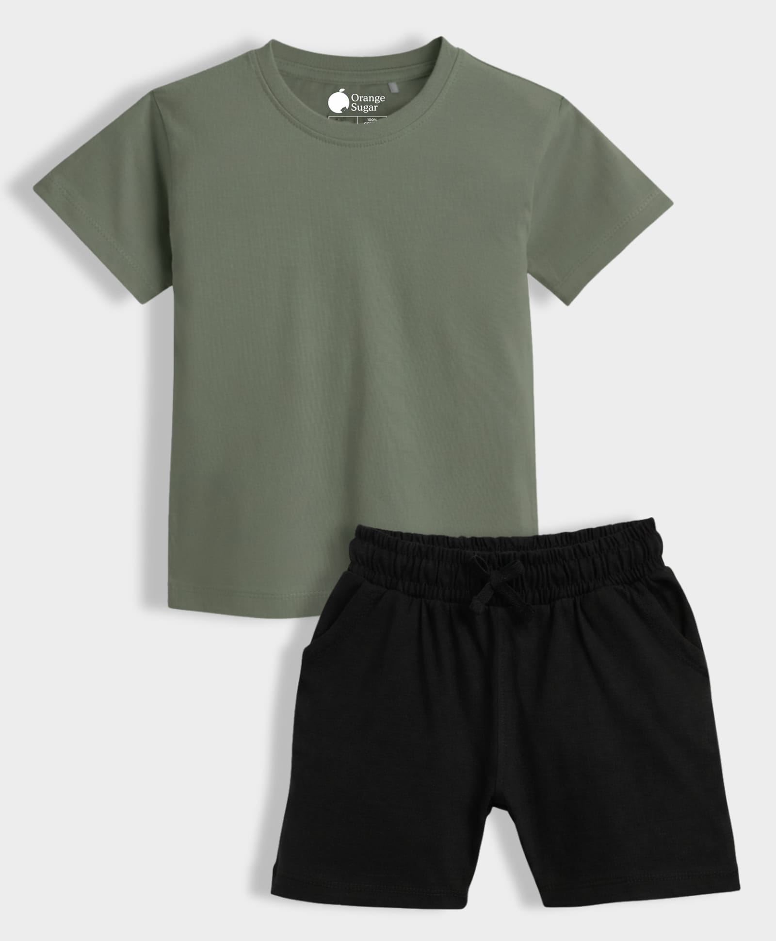Orange Sugar 100% Cotton Knit Half Sleeves Solid Tee & Shorts Night Suit - Olive Green-image-1