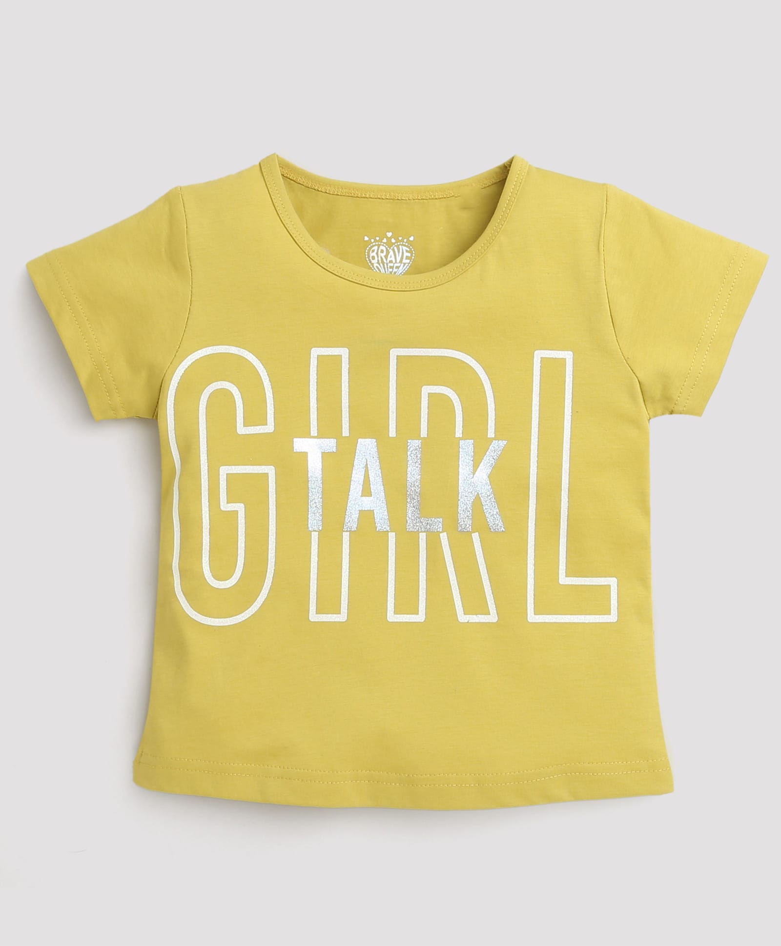 Tiny Girl Cotton Knit Half Sleeves Girl Talk Text Printed Top - Mustard-image-16