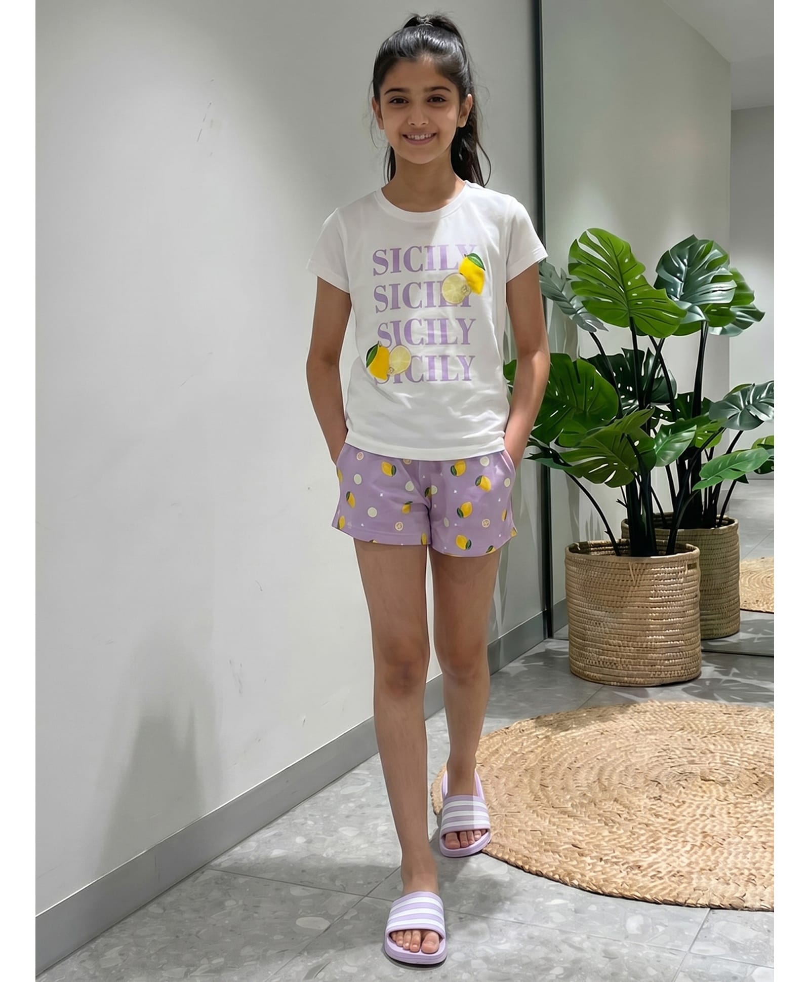 Lil Tomatoes Cotton Jersey Knit Half Sleeves Sicily Text Printed Tee & Shorts Night Suit - Lilac-image-28