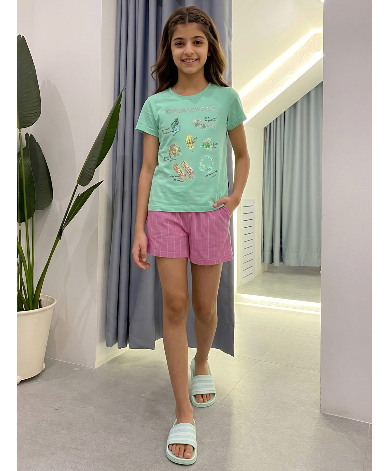 Lil Tomatoes Cotton Jersey Knit Half Sleeves Summer Must Haves Text Printed Tee & Shorts Night Suit - Light Green-image-47