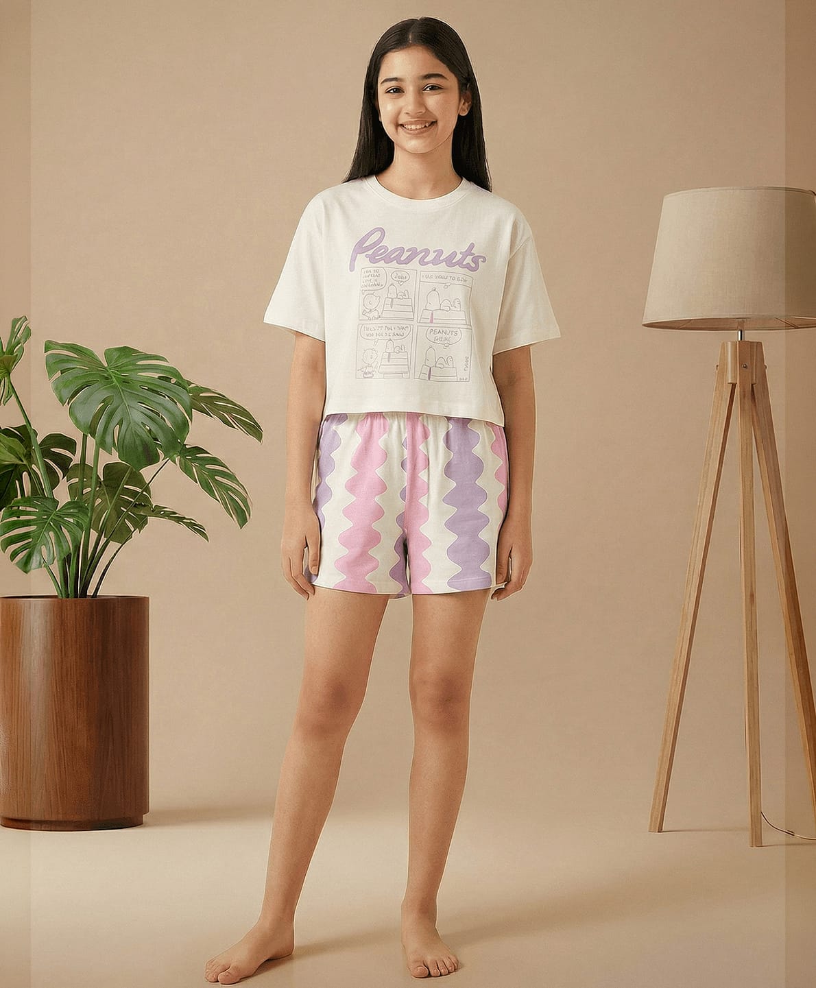 Lil Tomatoes Cotton Jersey Knit Half Sleeves Peanuts Text Printed Tee & Shorts Night Suit - Yellow-image-12
