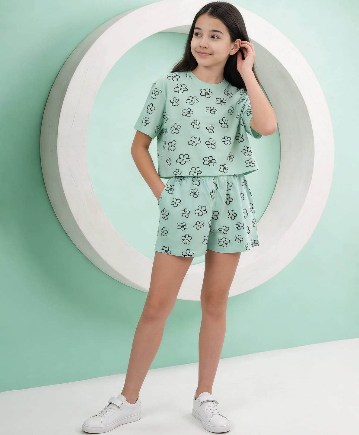 Lil Tomatoes Cotton Jersey Knit Half Sleeves Floral Printed Coordinating Tee & Shorts Night Suit - Light Green-image-45