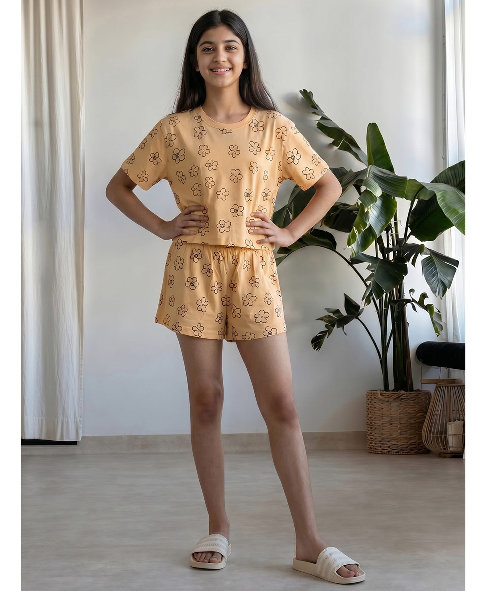 Lil Tomatoes Cotton Jersey Knit Half Sleeves Floral Printed Coordinating Tee & Shorts Night Suit - Peach-picture-37