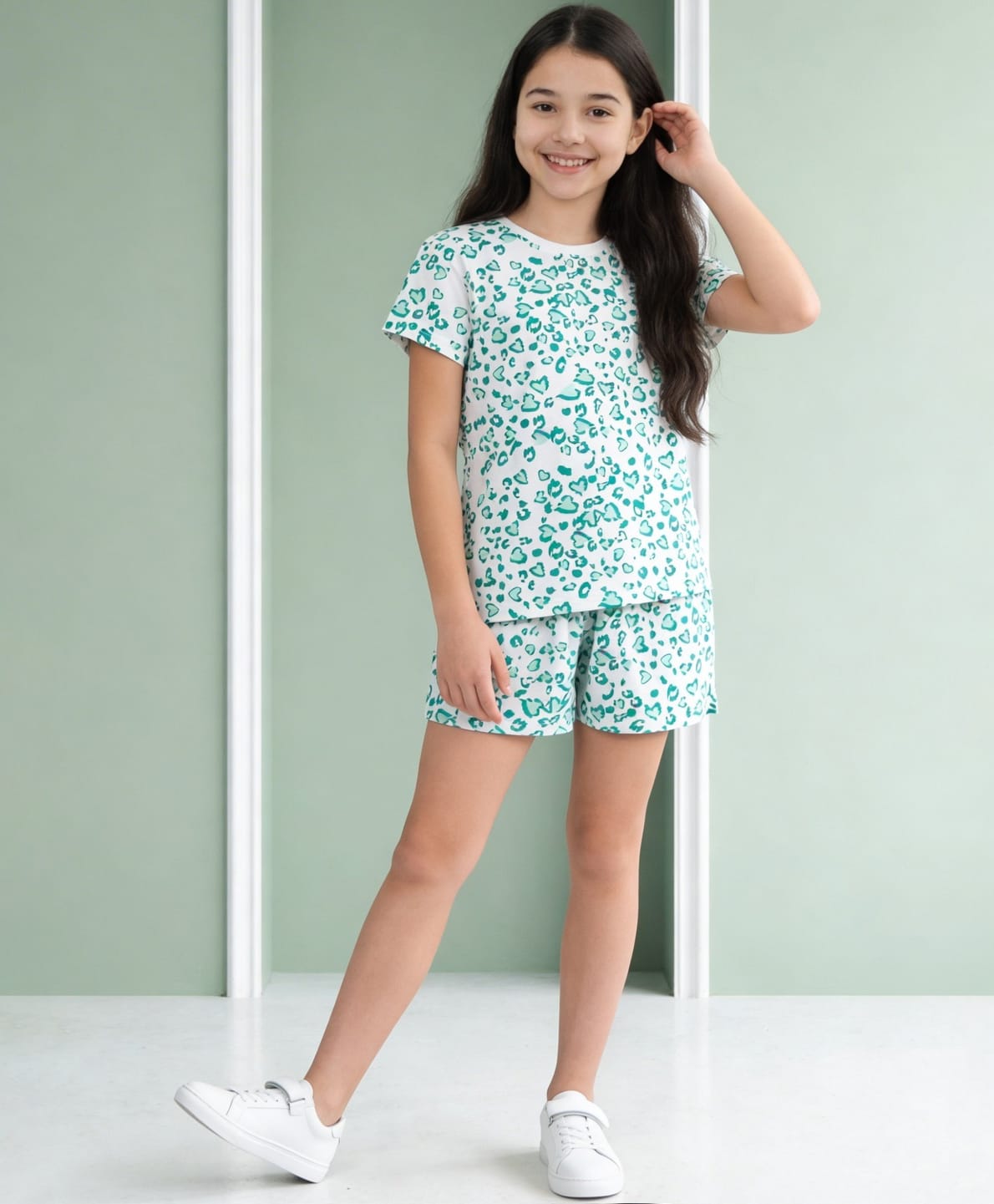 Lil Tomatoes Cotton Jersey Knit Half Sleeves Hearts Printed Coordinating Tee & Shorts Night Suit - Mint Green-image-10