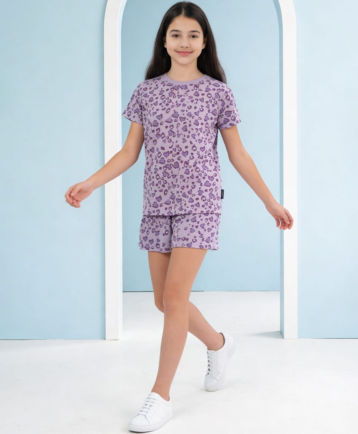 Lil Tomatoes Cotton Jersey Knit Half Sleeves Hearts Printed Coordinating Tee & Shorts Night Suit - Lilac-image-31