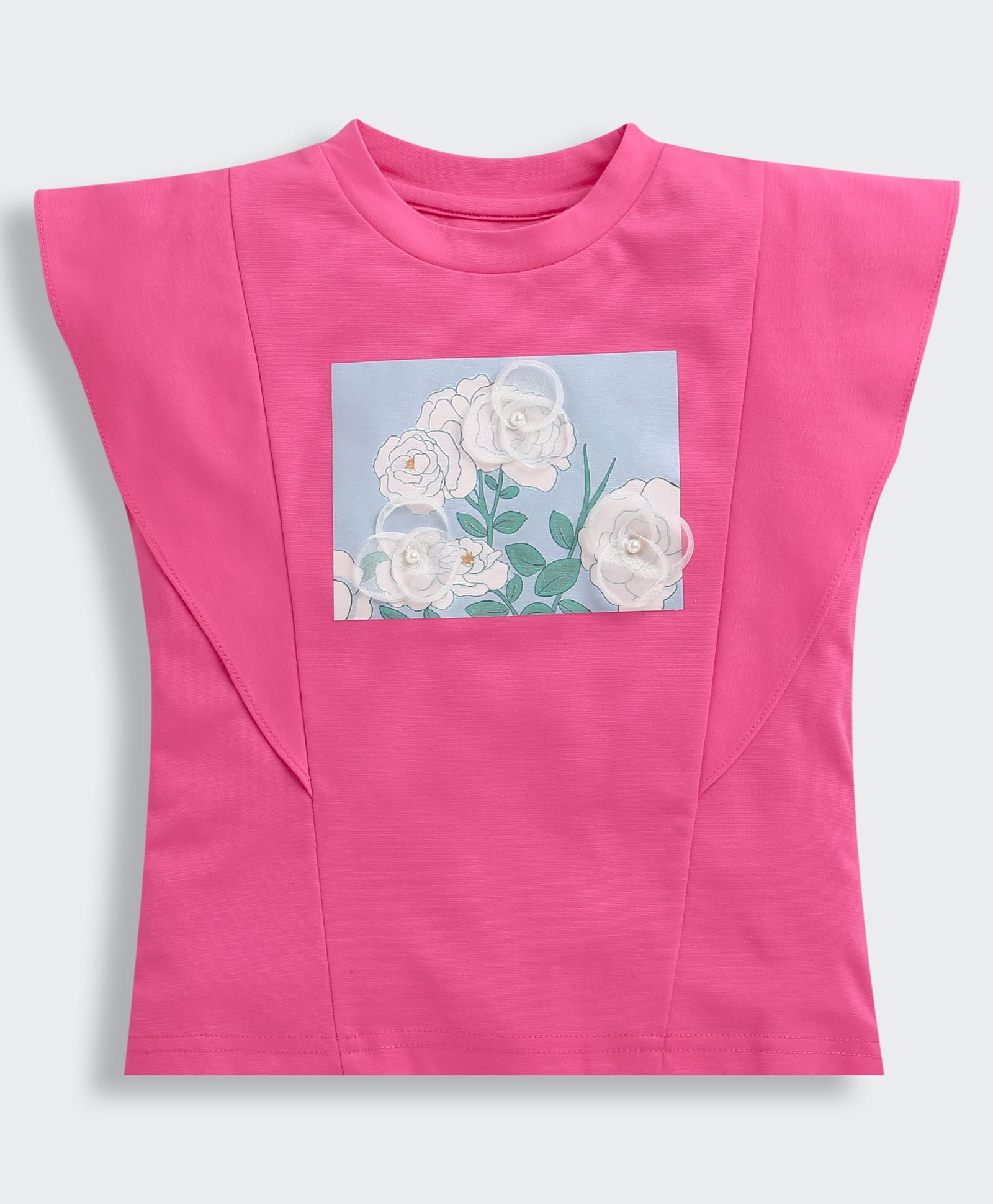Tiny Girl Knit Cap Sleeves Floral & Pearl Applique Detailed Top - Hot Pink-image-12
