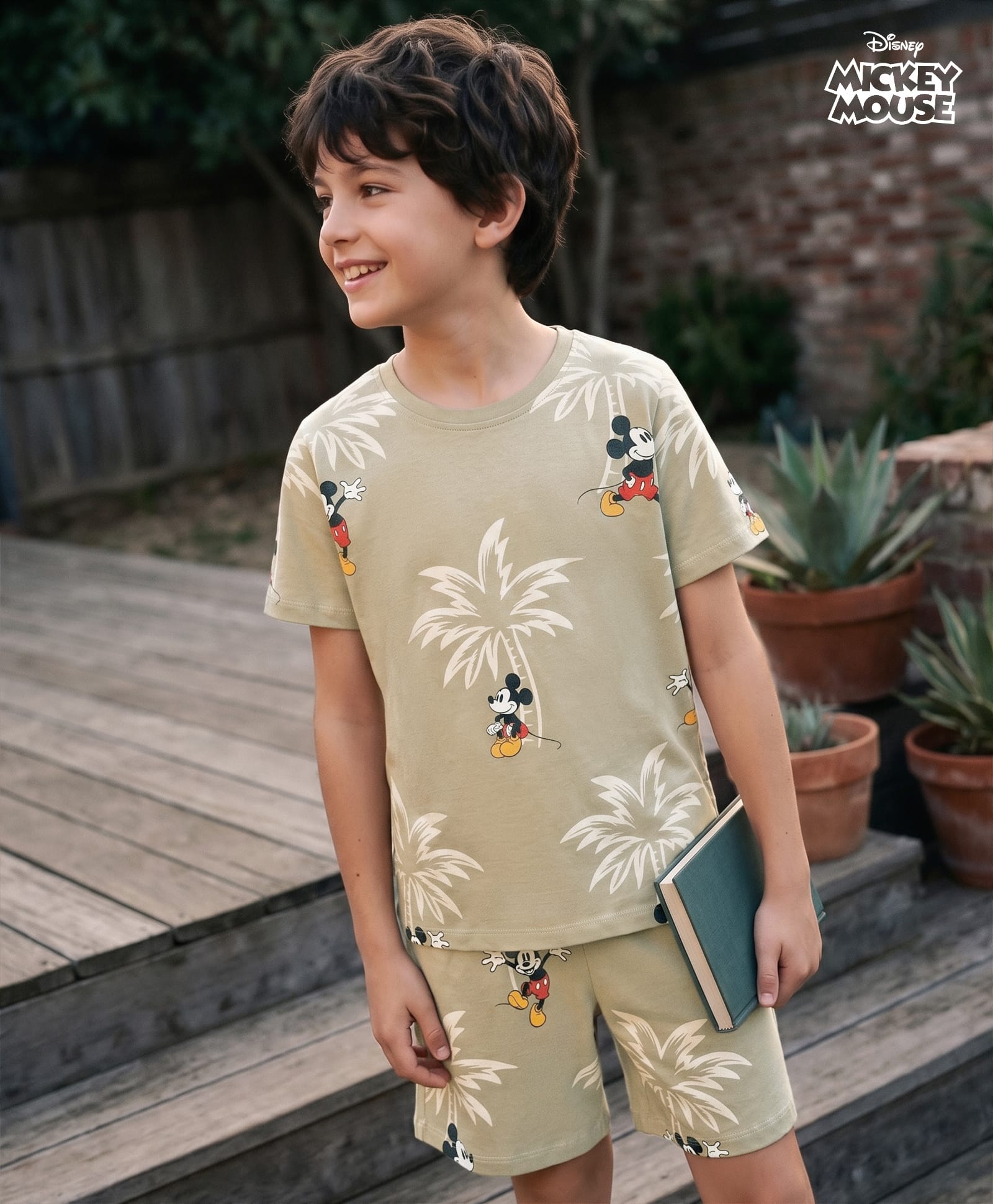 Pine Kids Disney Single Jersey Knit Half sleeves Co-Ords T-Shirt & Shorts Nightsuit with Micky Mouse Graphics - Brown-image-35
