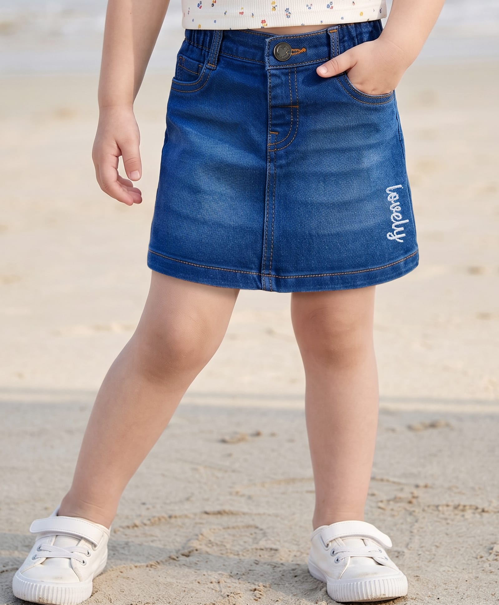 Babyhug Mid Thigh Washed Denim Skirt with Text Embroidery & Stretch - Blue-image-8