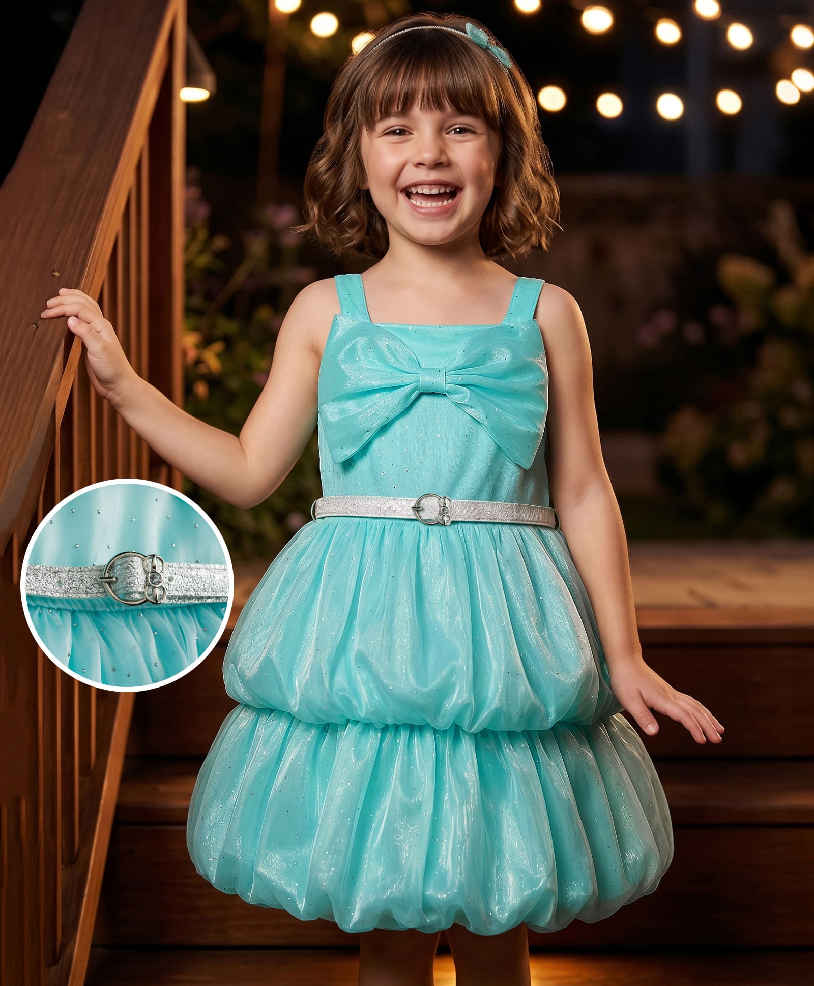 Hola Bonita Woven Shiny Tiered Sleeveless Fit and Flare Party Dress With Belt & Bow Applique - Blue-image-43