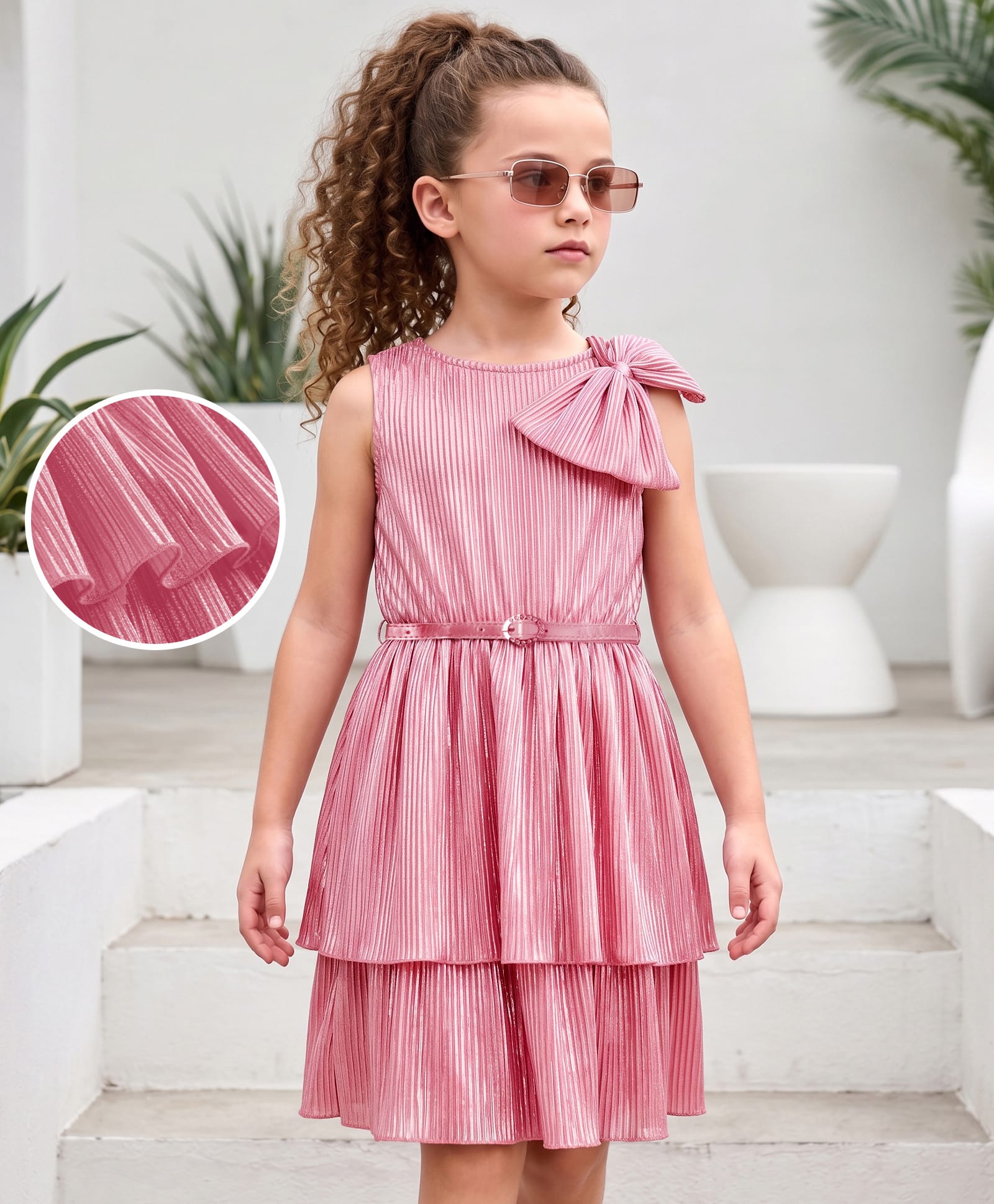 Hola Bonita Knit Sleeveless Pleated Party Dress with Foil Print & Belt - Pink-image-26