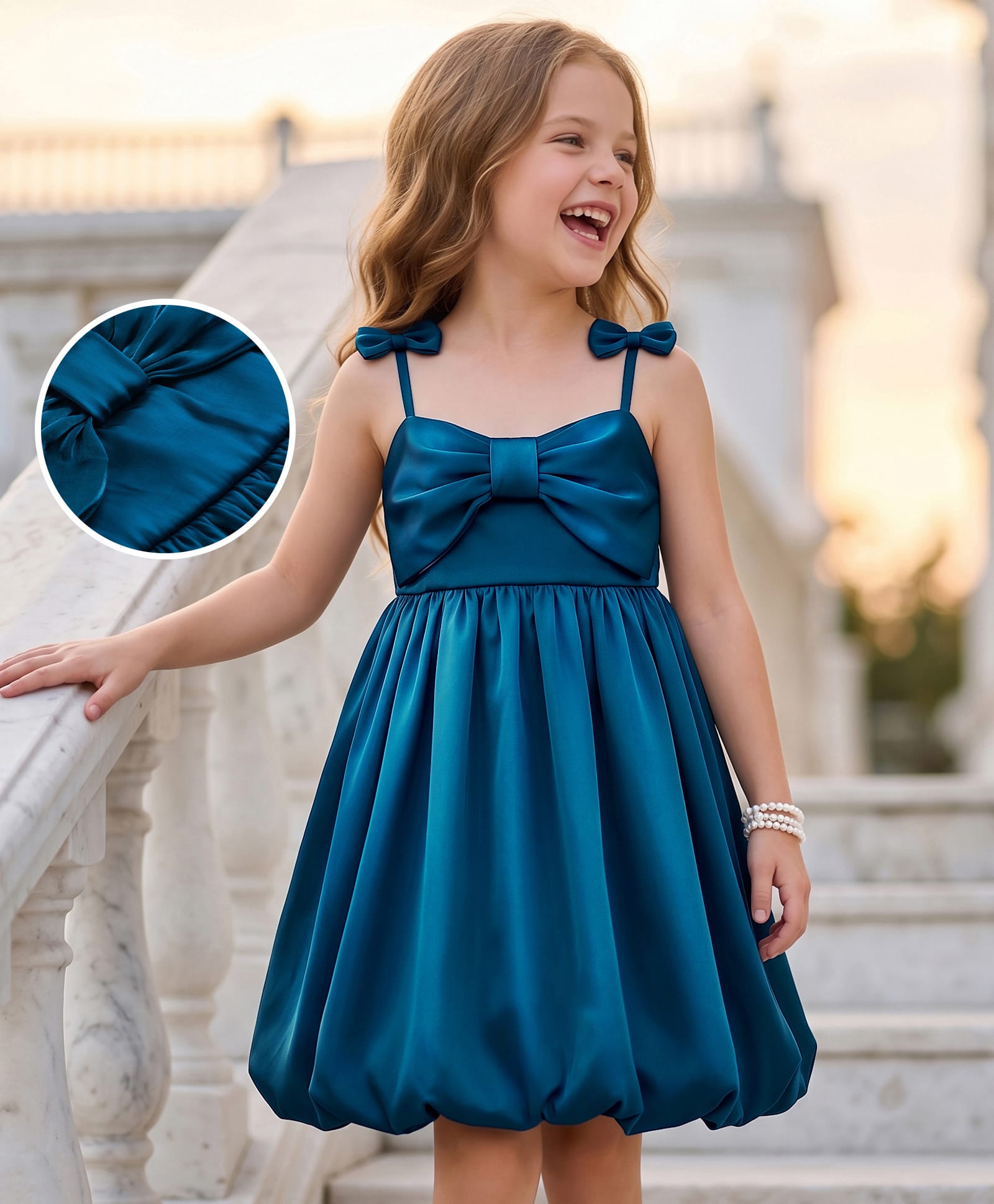 Hola Bonita Woven Shiny Ballon Hem Sleeveless Solid Party Dress With Bow Applique - Teal Blue-image-26