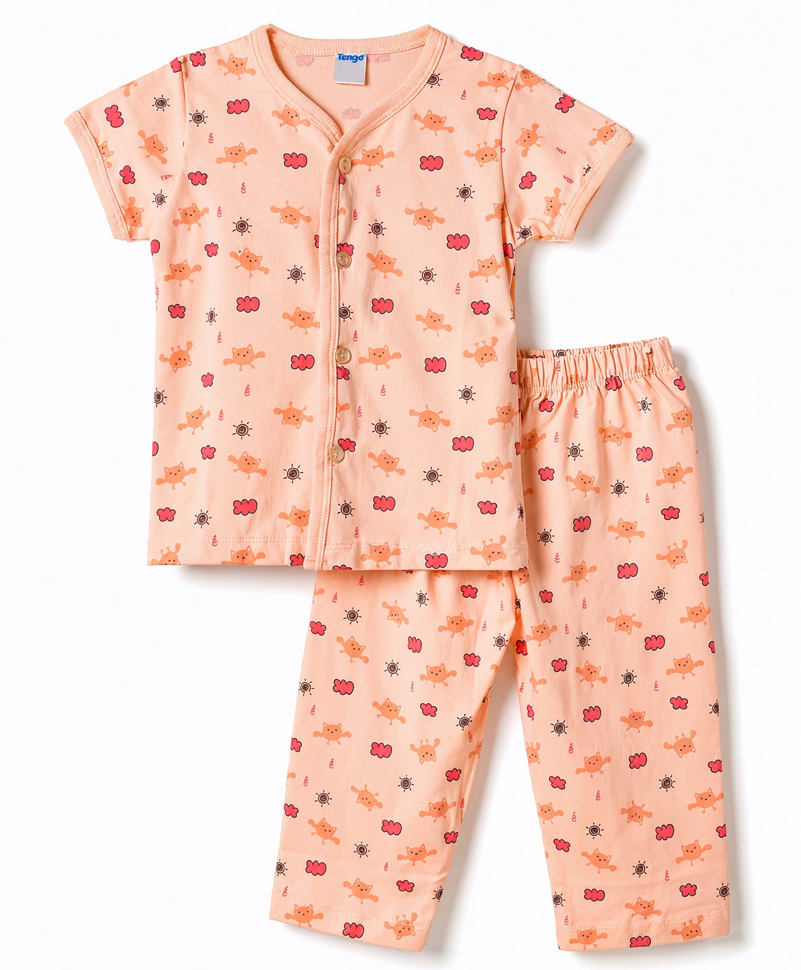 Tango Single Jersey Knit Half Sleeves Clouds Printed Co-Ords T-Shirt & Pyjama Night Suit - Pink-image-3