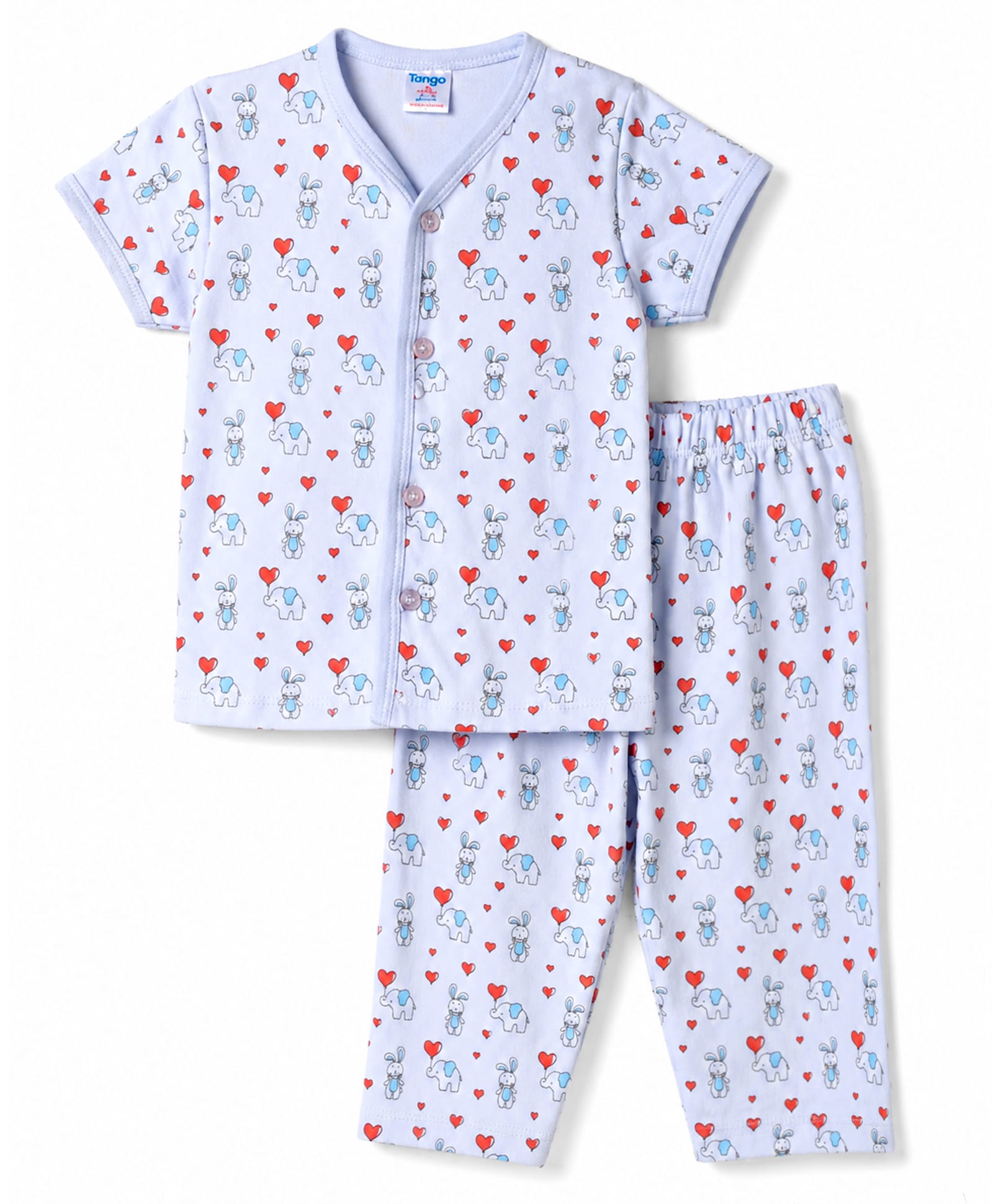Tango Interlock Knit Half Sleeves Bunny Elephant & Hearts Printed Co-Ords T-Shirt & Pyjama Night Suit - Light Blue-picture-2