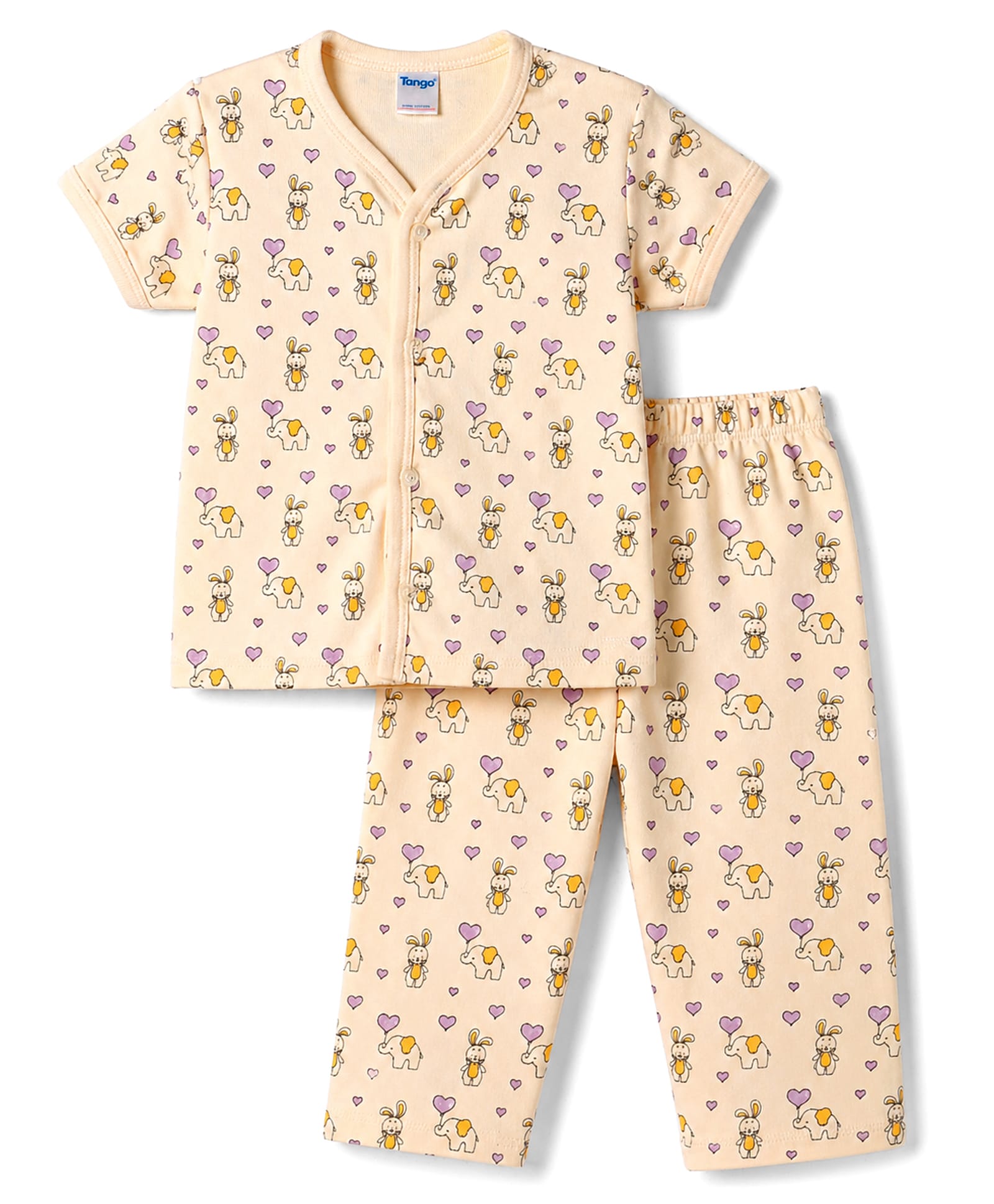 Tango Interlock Knit Half Sleeves Bunny Elephant & Hearts Printed Co-Ords T-Shirt & Pyjama Night Suit - Light Brown-image-34