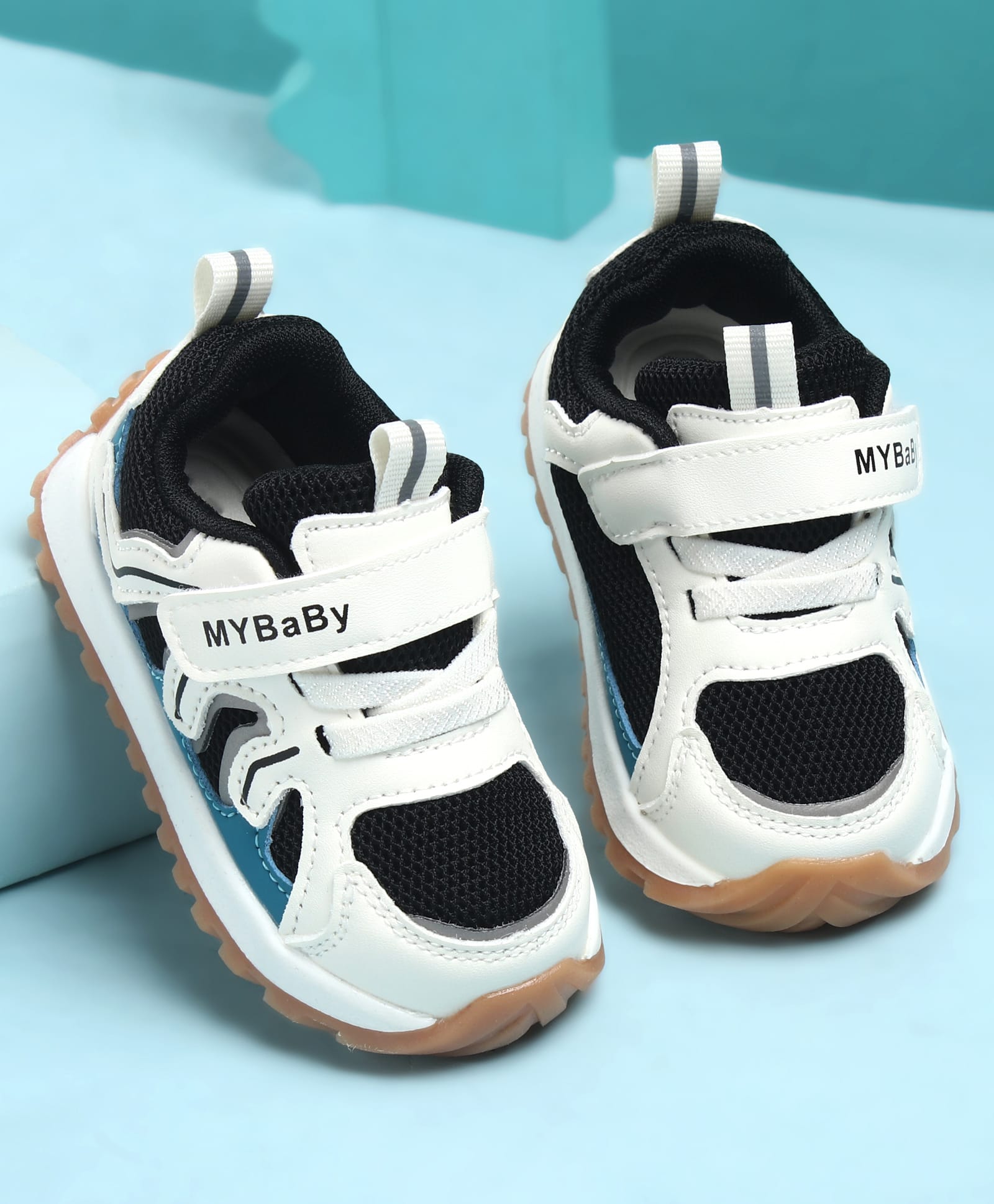 KIDLINGSS Colour Blocked My Baby Text Printed Abstract Designed Velcro Closure Shoes - Black-image-28