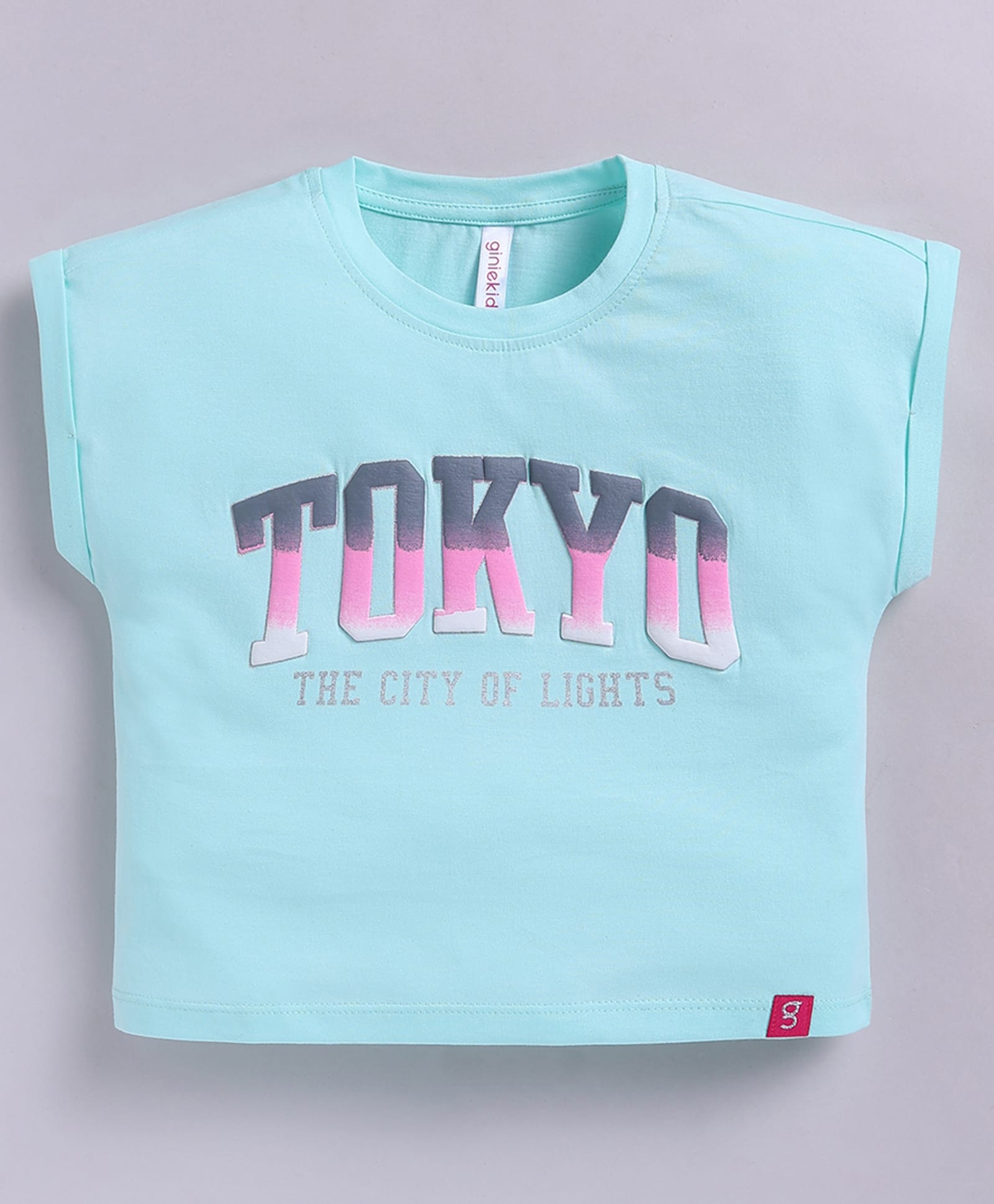 giniekids Cotton Knit Half Sleeves Tokyo Text Printed Top - Aqua Blue-picture-19