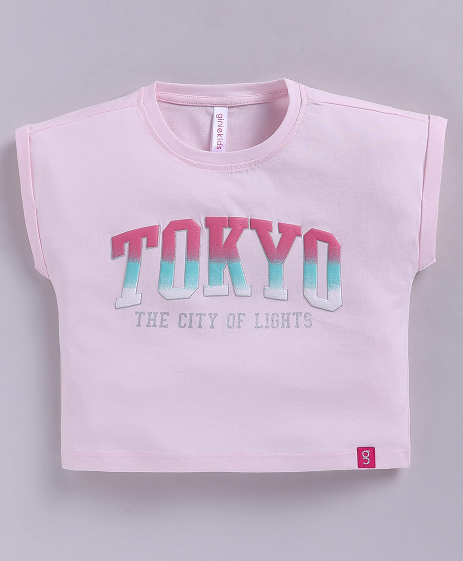 giniekids Cotton Knit Half Sleeves Tokyo Text Printed Top - Baby Pink-picture-5