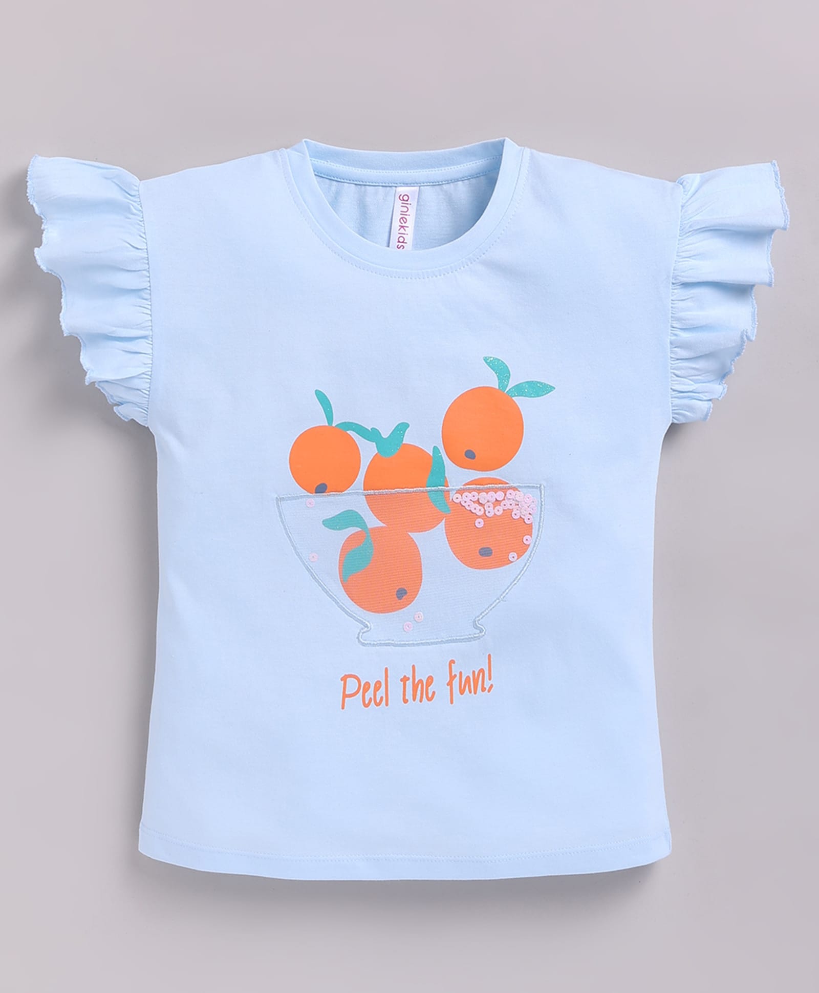 giniekids Cotton Knit Half Frill Sleeves Orange Printed Sequins Embellished Top - Ice Blue-picture-21