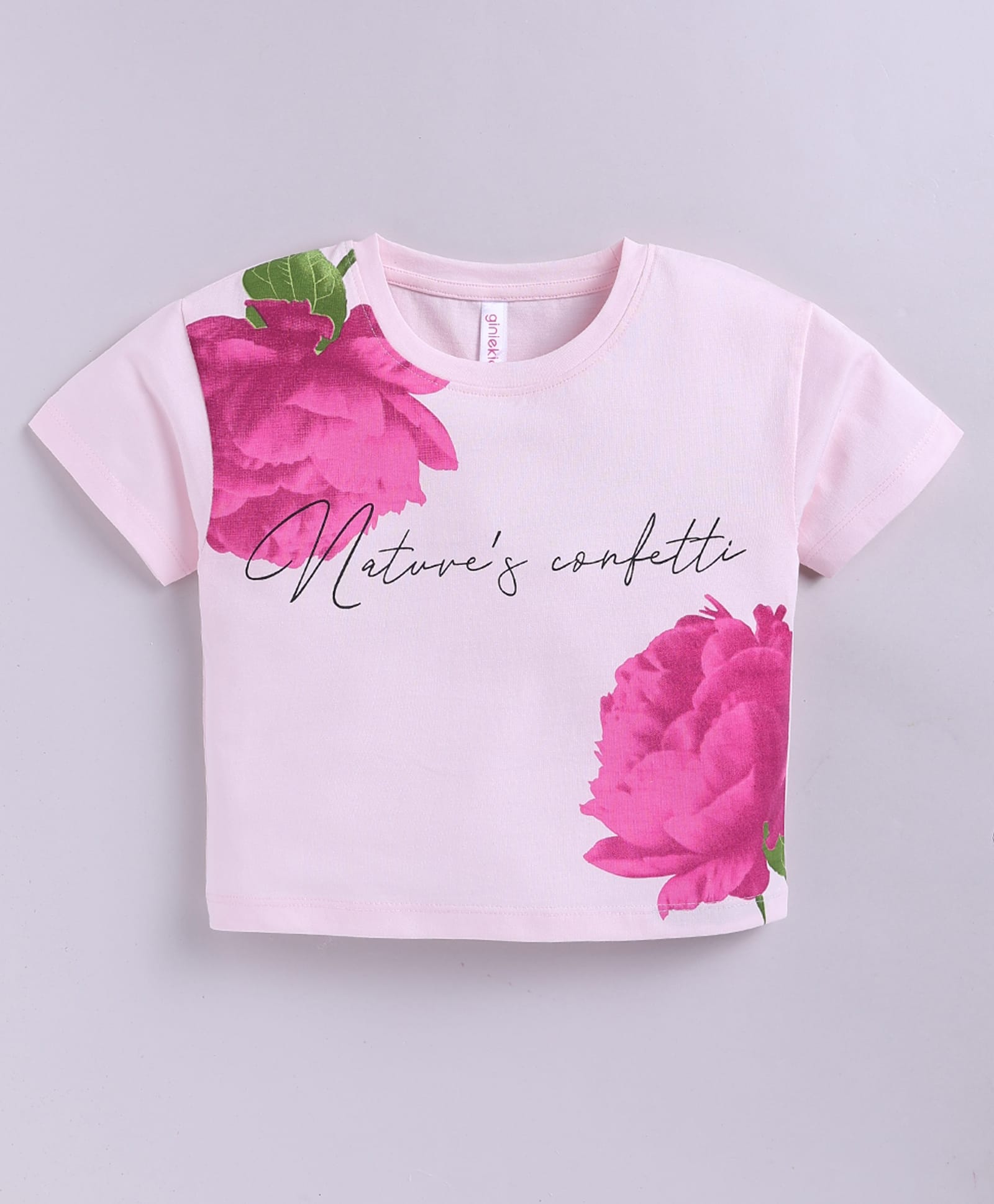 giniekids Cotton Knit Half Sleeves Floral & Natures Confetti Text Printed Top - Baby Pink-picture-29