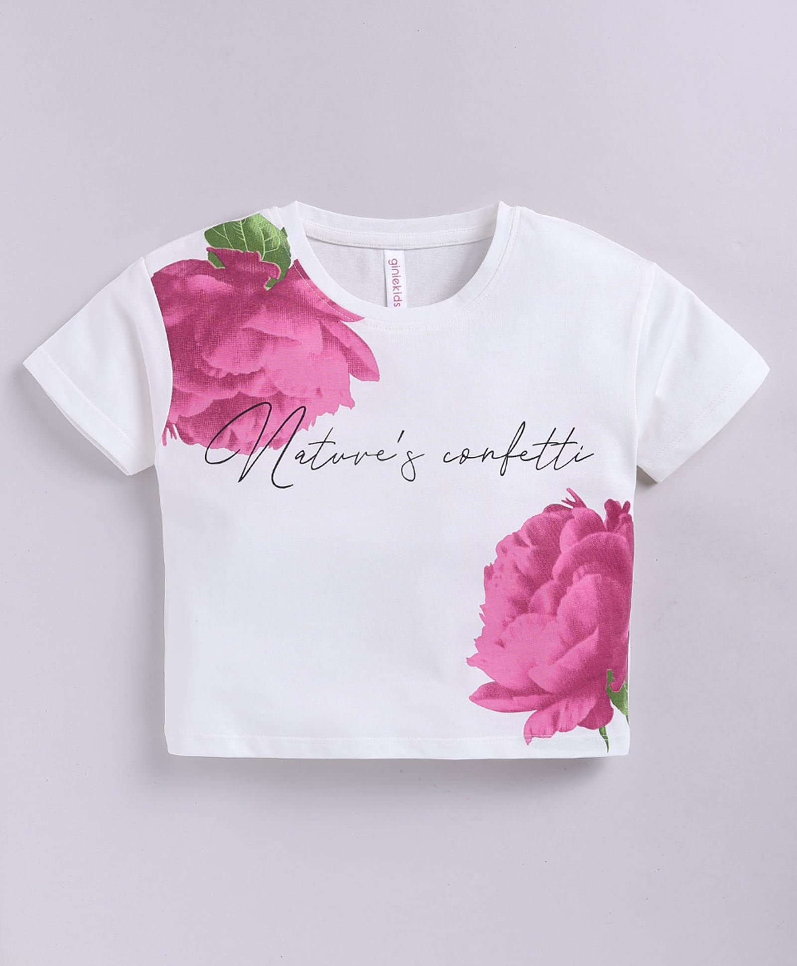 giniekids Cotton Knit Half Sleeves Floral & Natures Confetti Text Printed Top - Off White-image-41