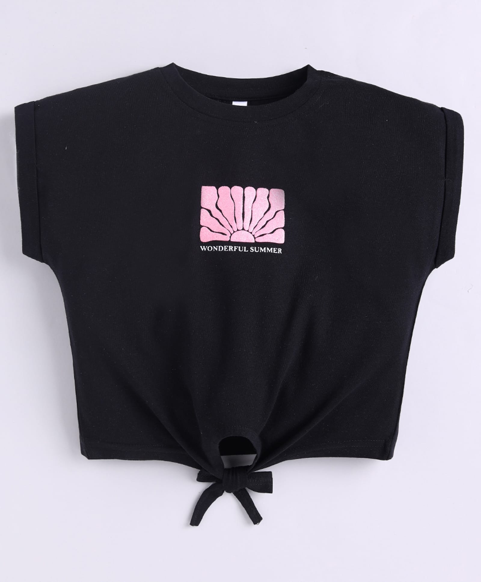 giniekids Cotton Knit Half Sleeves Wonderful Summer Text Printed Knot Detailed Crop Top - Black-image-1