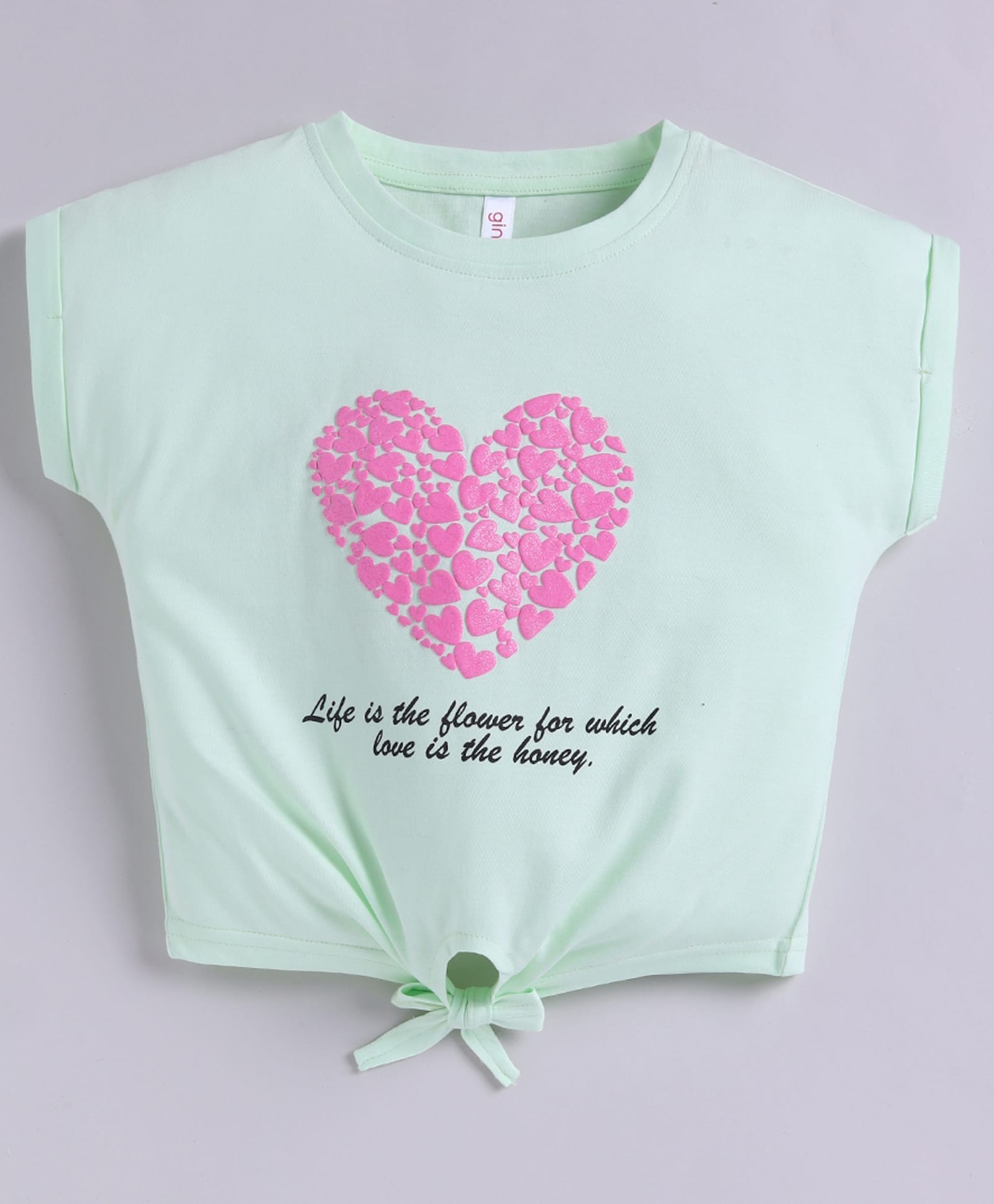 giniekids Cotton Knit Half Sleeves Hearts & Typography Printed Knot Detailed Crop Top - Light Green-picture-24