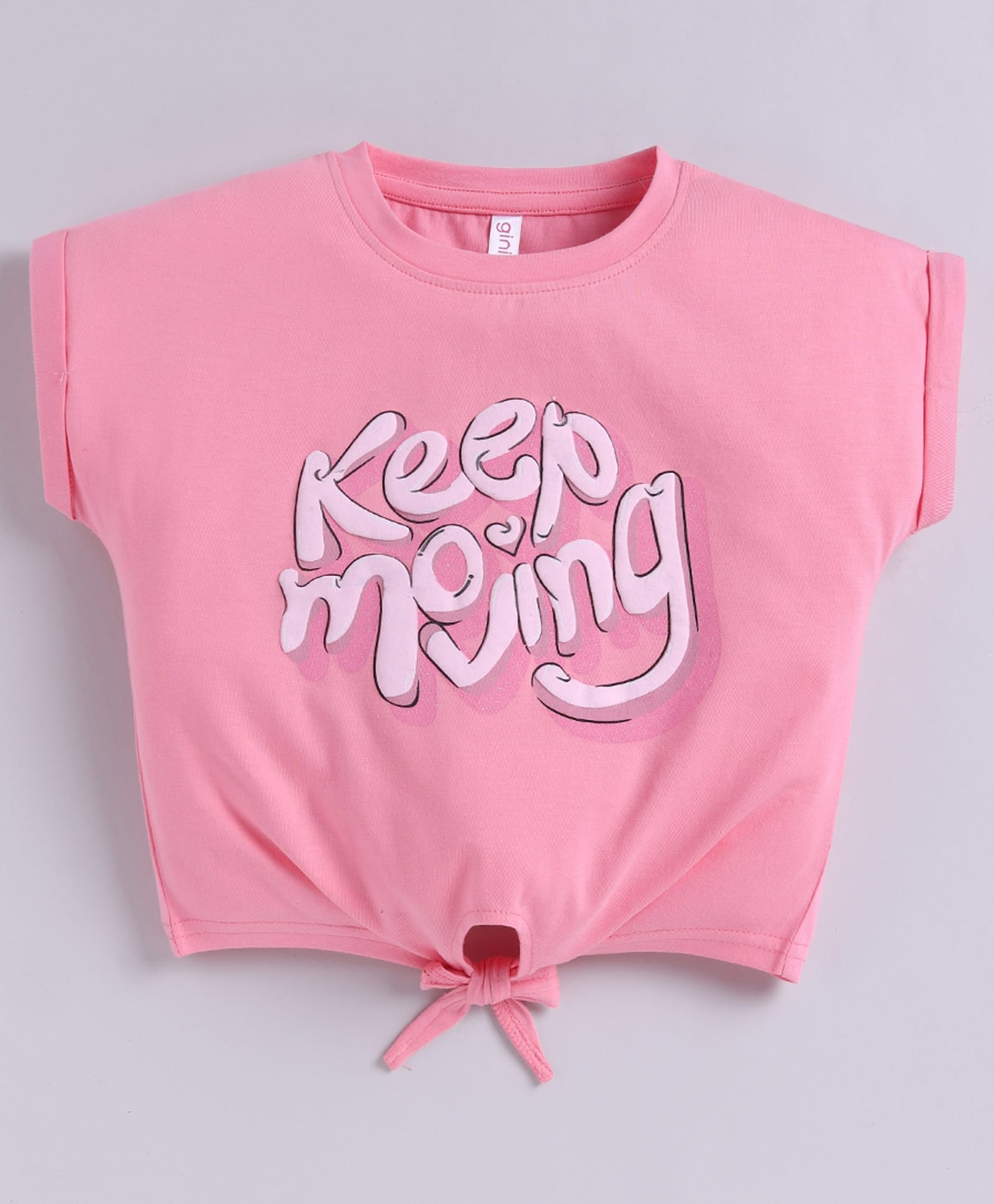 giniekids Cotton Knit Half Sleeves Keep Moving Text Printed Knot Detailed Knot Detailed Crop Top - Candy Pink-picture-12