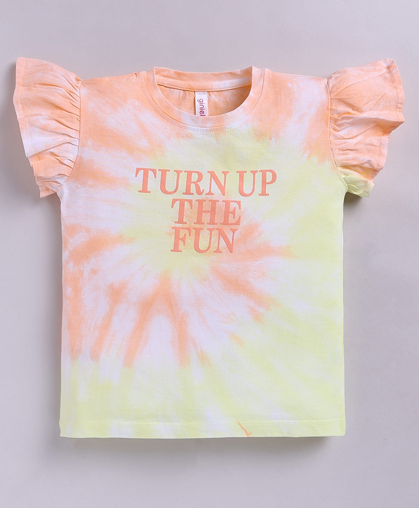 giniekids Cotton Knit Half Frill Sleeves Tie & Dye Turn Up The Fun Text Printed Top - Peach-picture-24