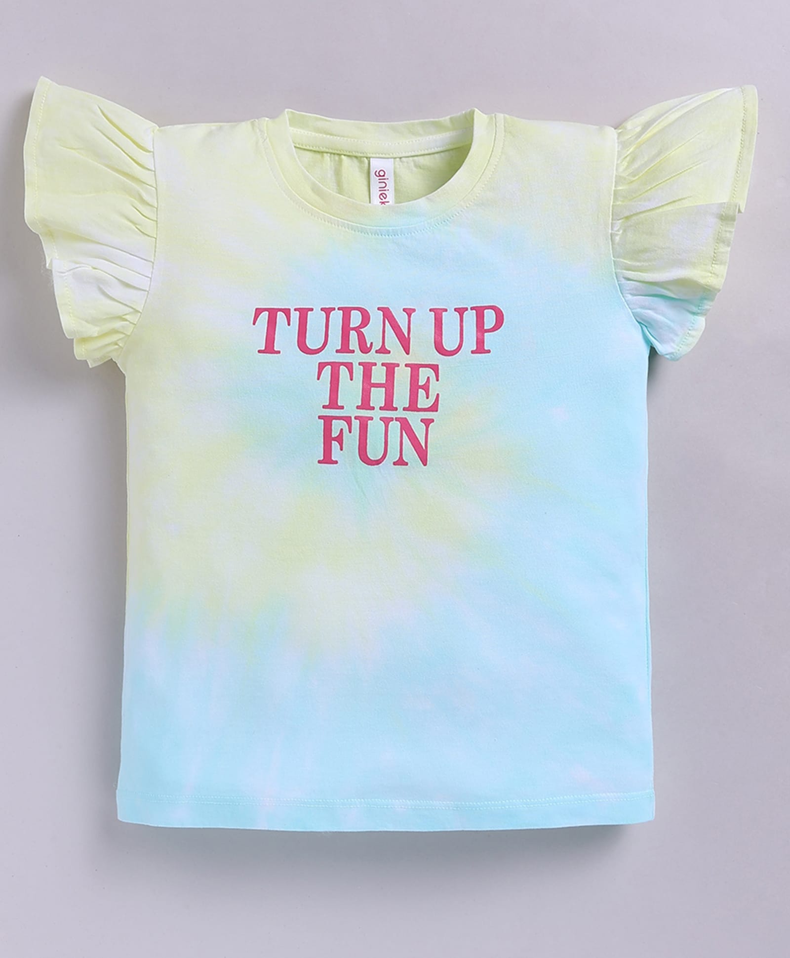 giniekids Cotton Knit Half Frill Sleeves Tie & Dye Turn Up The Fun Text Printed Top - Blue-image-5