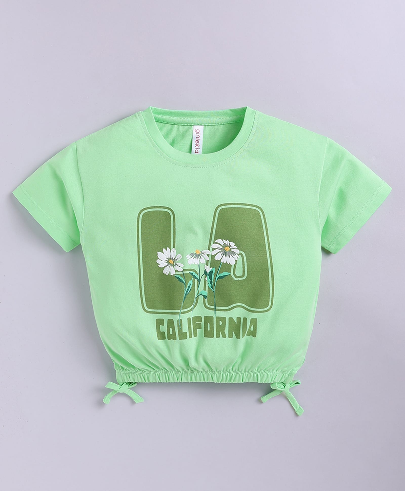 giniekids Cotton Knit Half Sleeves Floral & LA California Text Printed Top - Green-picture-17