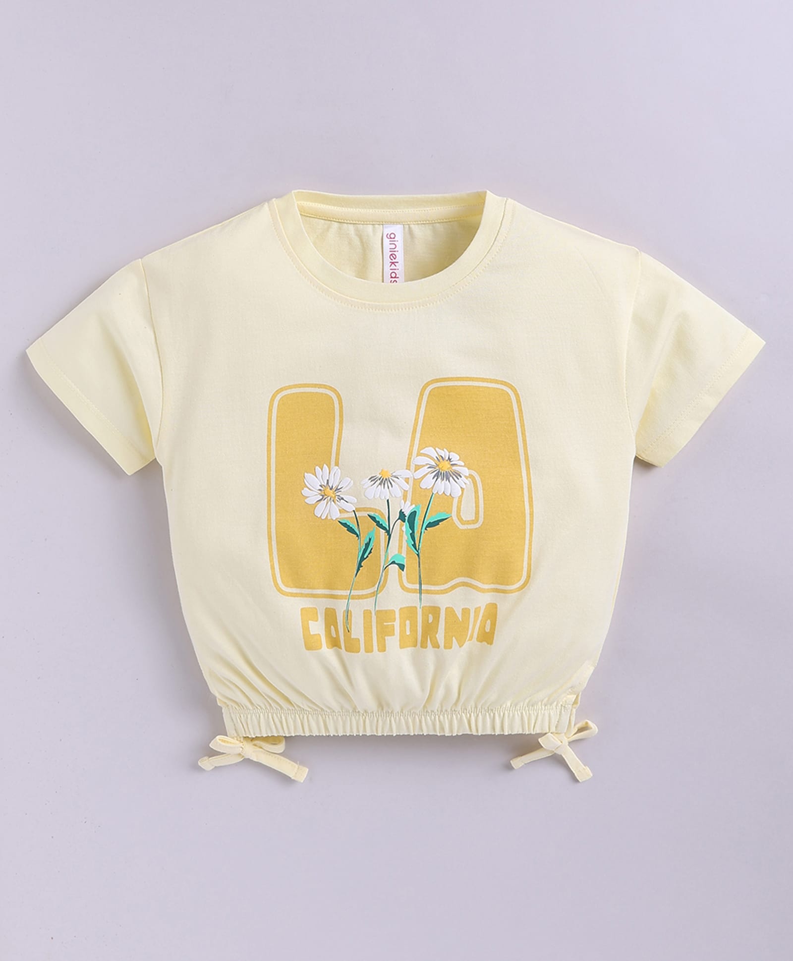 giniekids Cotton Knit Half Sleeves Floral & LA California Text Printed Top - Yellow-picture-19
