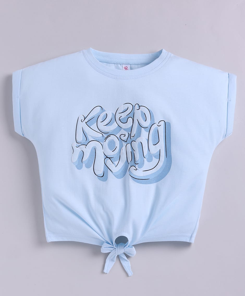 giniekids Cotton Knit Half Sleeves Keep Moving Text Printed Crop Top - Light Blue-picture-18