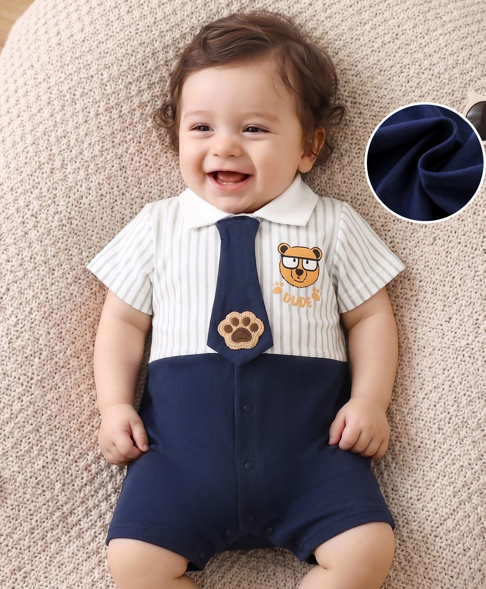 Mark & Mia Cotton Half Sleeves Striped Romper With Tie Applique & Bear Print - Navy Blue-picture-11