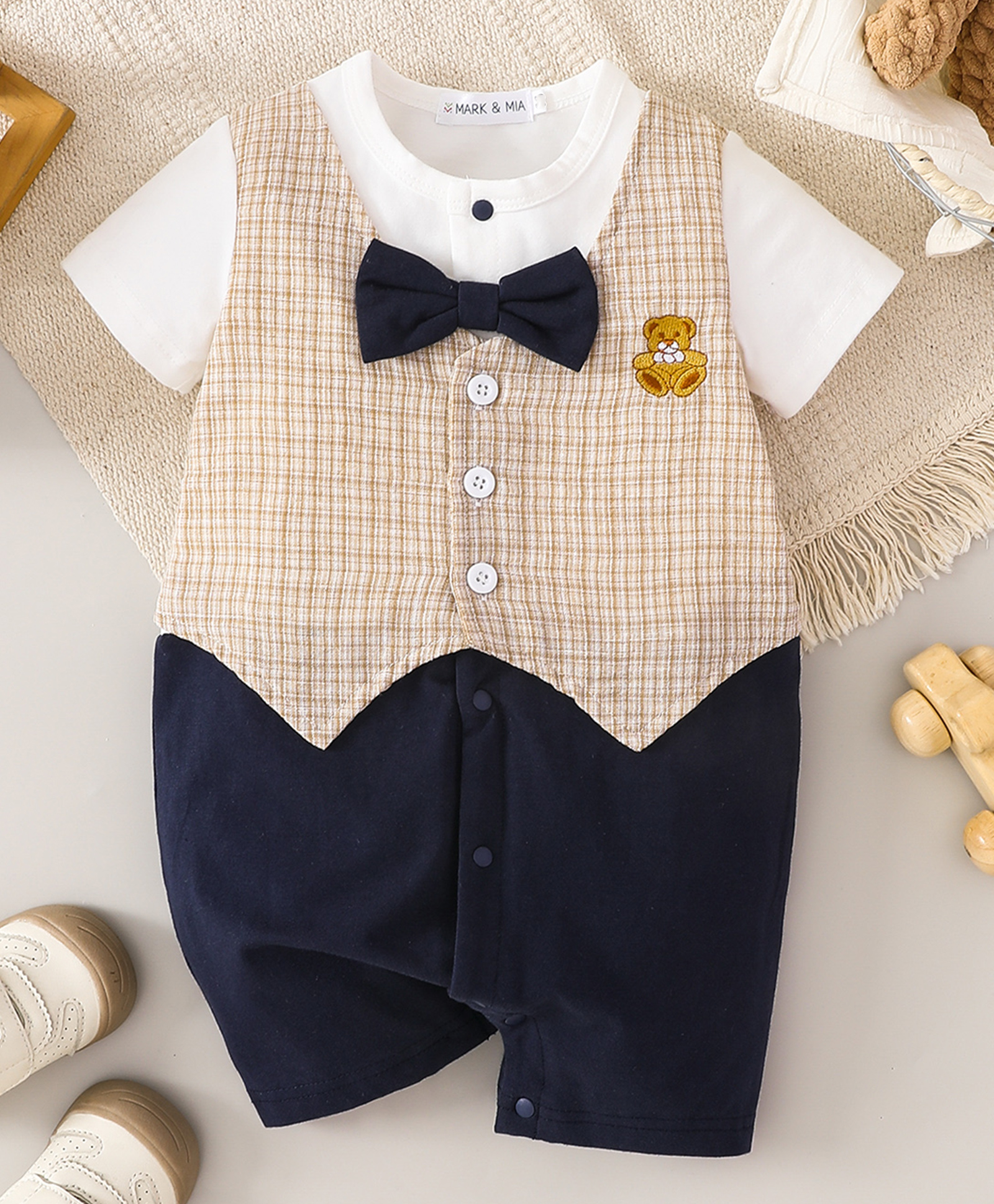 Mark & Mia Cotton Romper With Bow Applique & Bear Embroidery - Beige-image-8