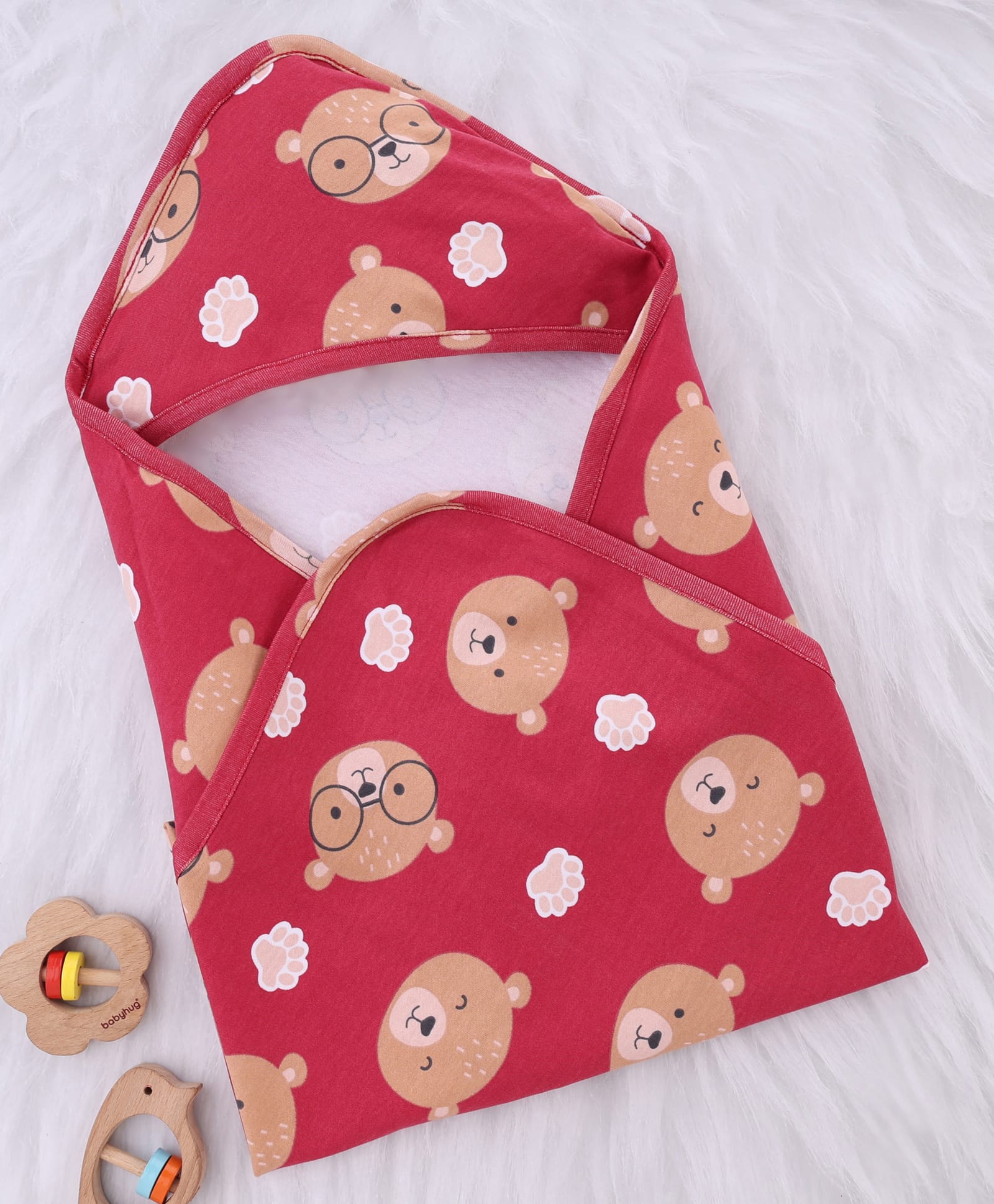 Babyhug Interlock Knit Hooded Towel with Teddy Print L 74.5 x B 74.5 cm - Red-image-25