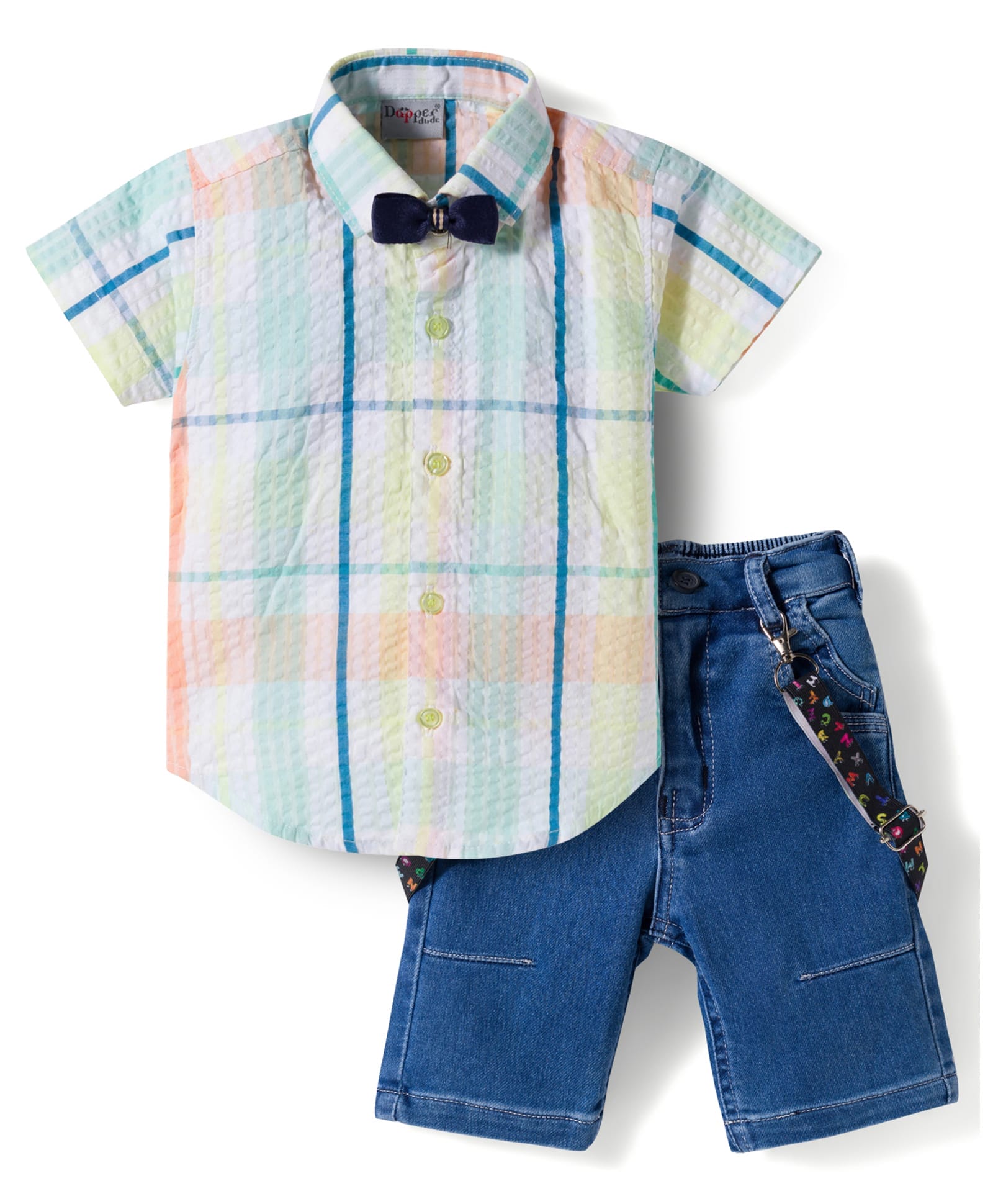 Dapper Dudes Woven Half Sleeves Checks Shirt & Shorts with Bow & Suspender - Green-image-27