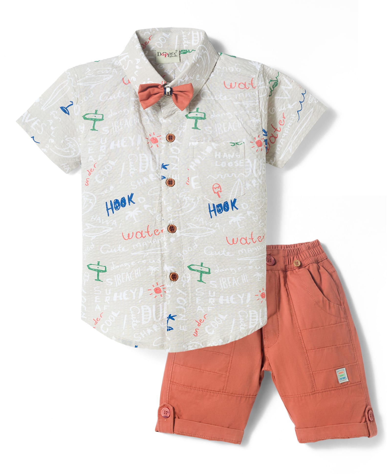 Dapper Dudes Woven Half Sleeves Text Printed Shirt & Shorts With Bow & Suspender - Light Brown-image-34