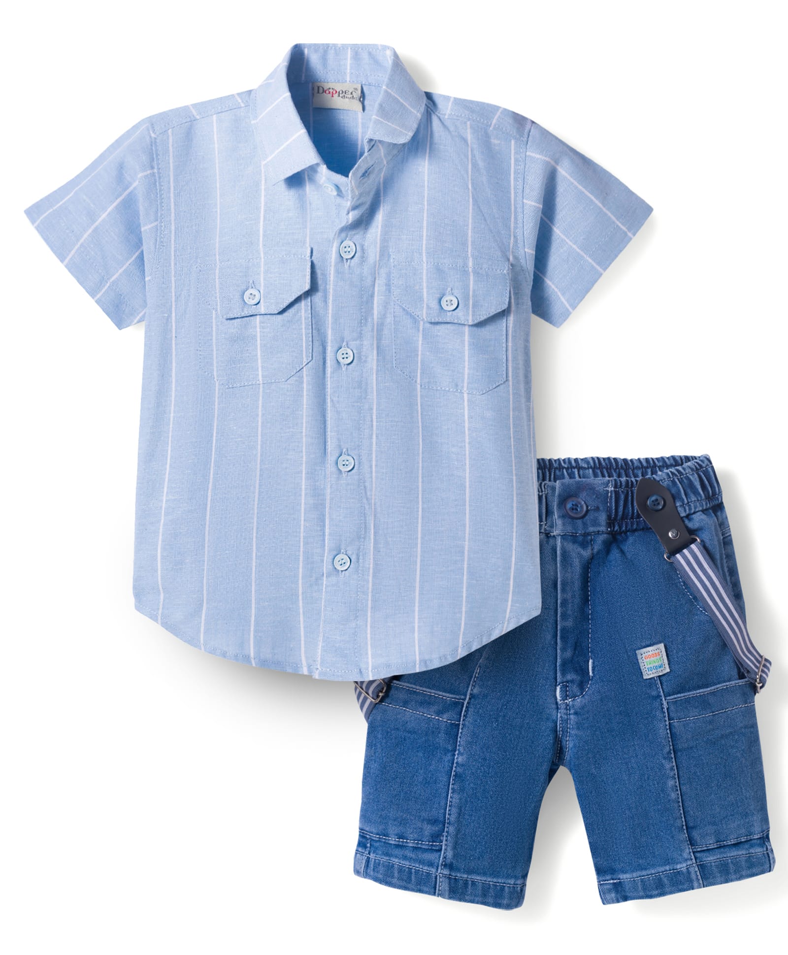 Dapper Dudes Woven Half Sleeves Striped Shirt & Shorts with Suspender - Blue-picture-27
