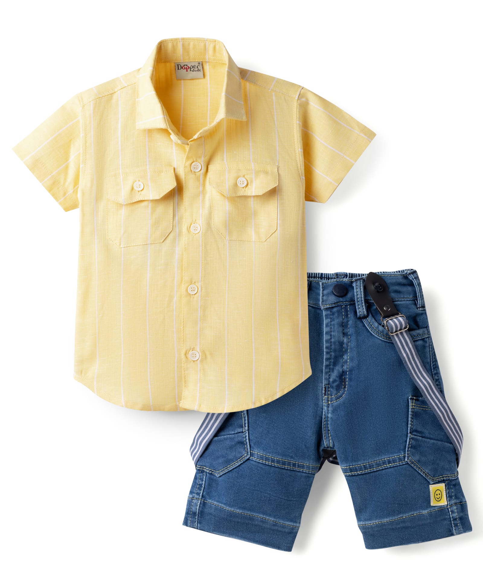 Dapper Dudes Woven Half Sleeves Striped Shirt & Shorts with Suspender - Yellow-picture-26