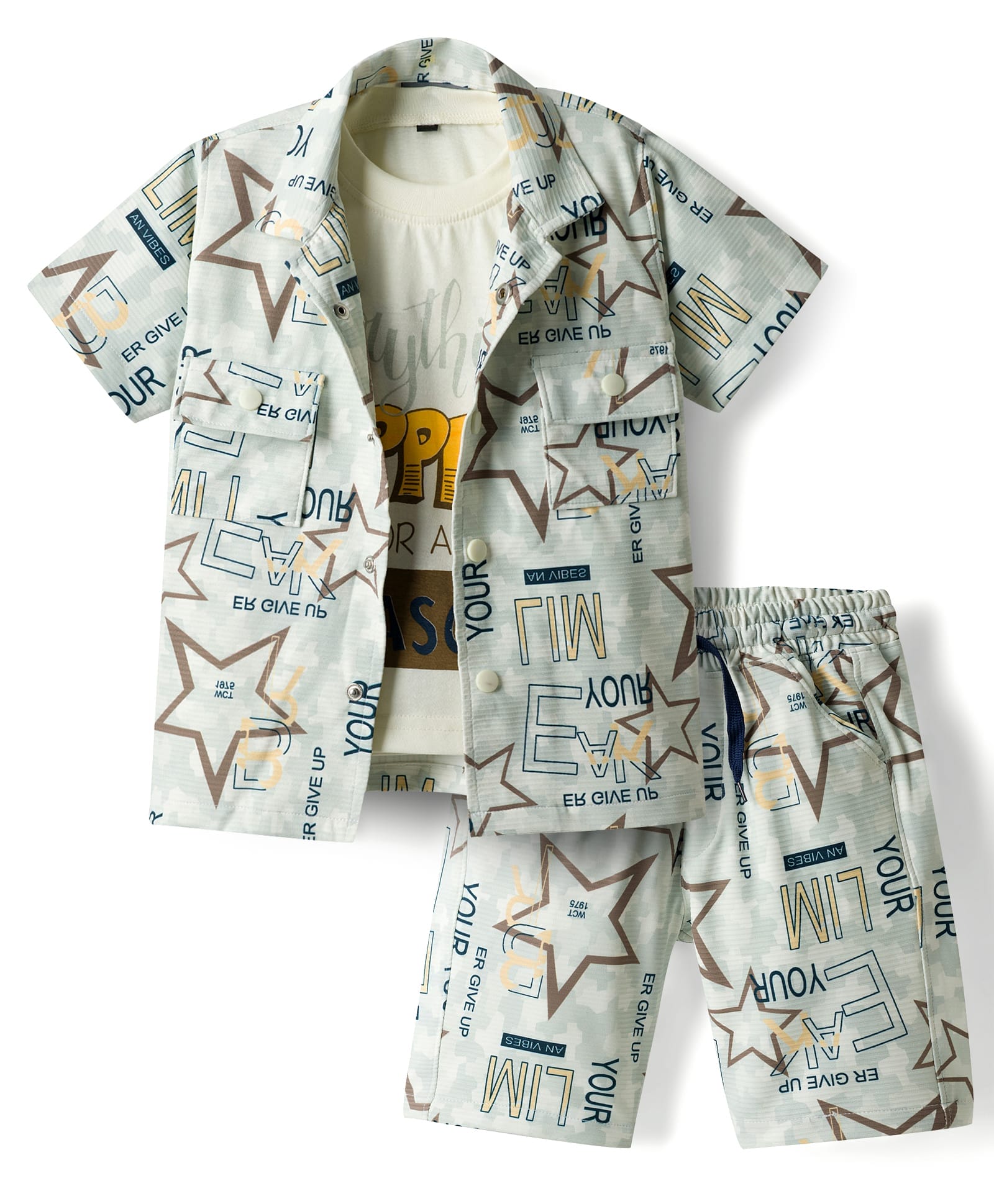Dapper Dudes Knit Half Sleeves Text Printed Shirt With Tee & Shorts Co-ord Set - Grey-picture-14